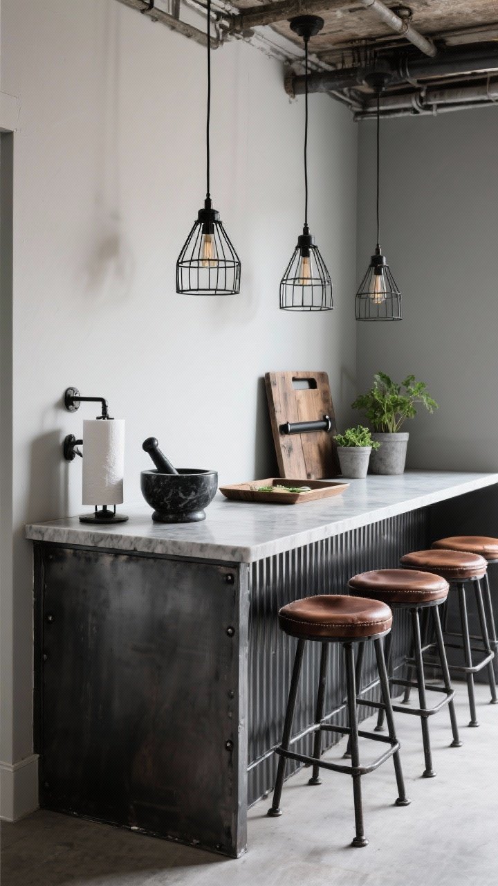 Angled corner view, industrial loft edge: gunmetal-painted island base with concrete-look quartz top; seating side clad in ribbed metal/blackened steel panel for texture; caged iron pendant lights, staggered height; adjustable iron bar stools with saddle leather seats; black marble mortar and pestle, industrial paper towel holder, reclaimed wood tray; blackened steel pulls; small herb pots in concrete planters adding a hint of green. Gritty, practical, softly directional light, photorealistic.