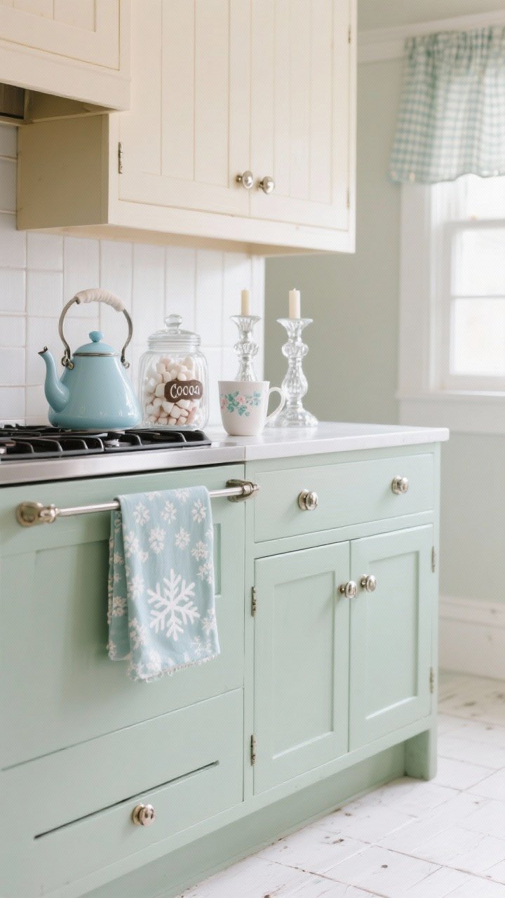 Closeup detail, Frosted Cottage Charm: lower cabinets in soft sage with cream uppers, beadboard backsplash with polished-nickel latches catching light; mercury glass candlesticks shimmering beside etched glass jars labeled cocoa and marshmallows; pale blue kettle on the stove; pattern touches include a snowflake tea towel draped over a handle, delicate floral mug, tiny gingham valance blurred in background; hint of whitewashed plank/light-toned floor; charming, frosted effect, photorealistic.