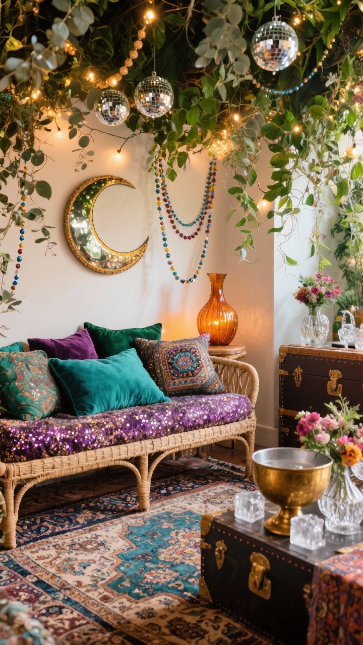 Closeup/detail, low angle, photorealistic: Bohemian Glitter Garden textures and sparkle. Layered Persian-style rugs with rich patterns beneath a low rattan daybed piled with emerald, teal, and amethyst velvet pillows. Fairy lights drape overhead; tiny disco balls tucked into lush pothos and eucalyptus create twinkling highlights. An amber glass vase catches warm light; a crescent moon wall mirror glints softly. Beaded garlands trail across the scene; a corner reveals a vintage trunk bar styled with cut crystal, floral ice cubes, and a brass punch bowl. Organic, festive, eclectic mood.