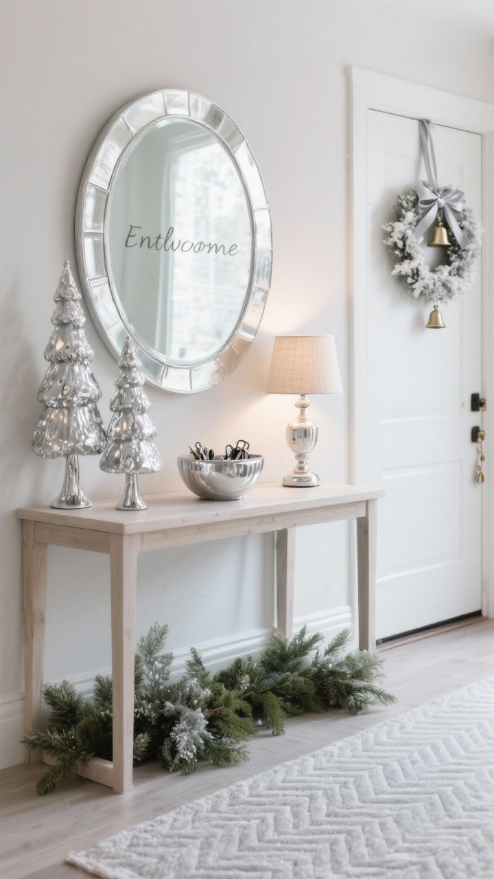 Closeup entryway vignette: Frosted Silver Entryway Welcome on a slim console of light wood or white lacquer, round silver-framed mirror above reflecting soft light, mercury glass trees in staggered heights, silver bowl for keys, tiny lamp with linen shade glowing warmly, snowy wreath on nearby door with silver ribbon tails and small bell charms, pale gray or herringbone runner on floor, frosted greenery textures and gleaming metallics, photorealistic, no people.