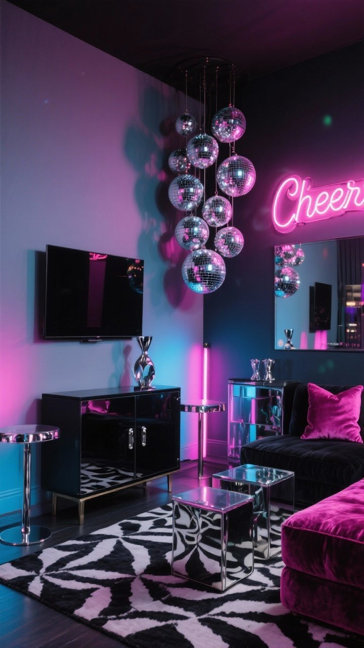 Corner angle medium shot, Disco-Deco Den: slick black media console against a wall, mirrored side tables catching reflections; a sculptural cluster of disco balls in varying sizes hangs in the corner, sparkling; graphic black-and-white rug under low seating with magenta velvet cushions as pops of color; smoky glass bar cabinet with chrome hardware nearby; neon-style LED sign reading “Cheers”; colored uplights in pink and blue bouncing off mirrors and disco balls for a punchy, low-light party vibe; materials mirror, chrome, velvet, smoked glass; photorealistic night scene.