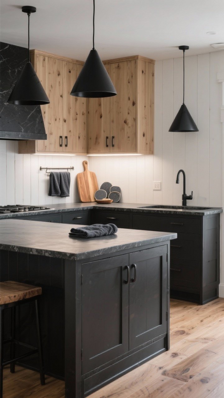 Corner-angle medium shot of a moody natural kitchen: charcoal cabinet bases contrasted with soft maple uppers, honed black granite (or soapstone) counters, vertical shiplap backsplash painted warm white; hardware in brushed graphite/blackened steel; black metal cone pendants over the island, under-cabinet LEDs creating a soft wash on the backsplash; natural oak flooring with matte, neutral warmth; styled with charcoal linen towels, slate coasters, and a maple cutting board on display; sophisticated and calm, photorealistic, no people.