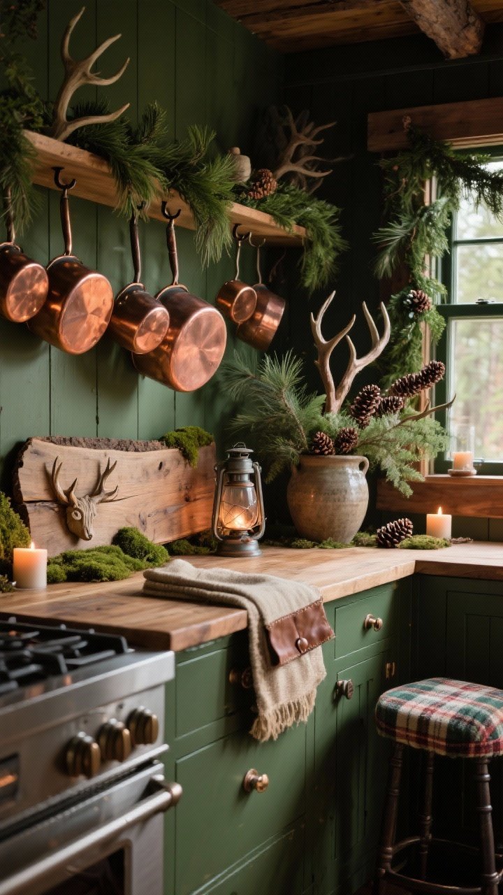 Corner-angle medium shot of a rustic woodland kitchen with natural greenery and warm copper accents. Cedar, pine, and juniper garlands weave through a rail of hanging copper pots, greens twined around hooks. On the counter: a slab of reclaimed wood styled with moss, faux antler accents, and rustic lanterns. Palette of forest green, walnut brown, copper, and cream. Textures include a burlap runner, leather drawer pulls, wool plaid napkins folded nearby. An oversized foraged-branch arrangement stands in a stoneware crock. Tiny pinecone garlands line the window frame; bar stools wear plaid cushions. Ambient moody lighting with a hint of spiced-candle glow, lodge-like warmth.