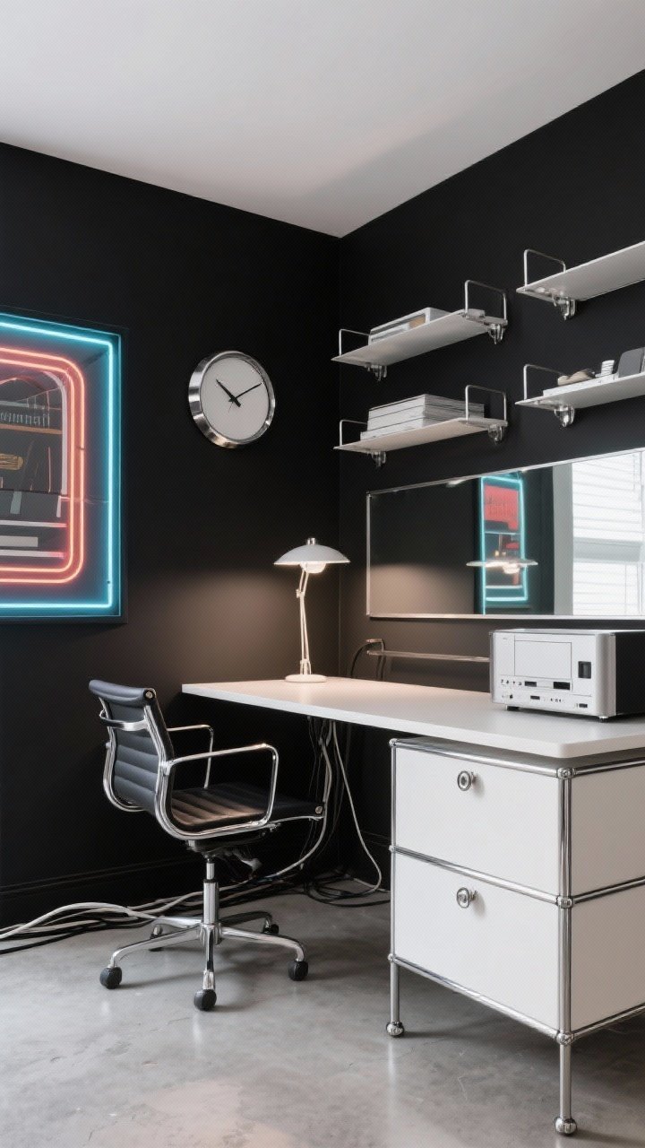 Corner-angle medium shot, Retro-Futurist home office: jet black feature wall, concrete-look flooring, clean white desk with rounded chrome legs; chrome task lamp on desk, swivel chair with polished arms; modular shelving with silver brackets holding neatly arranged items; thin aluminum frames around neon-accent art on the wall; mirrored side cabinet for equipment; brushed nickel drawer pulls, cable grommets, and a magnetic silver board; circular chrome-framed wall clock as a focal finishing touch; high-contrast, high-gloss lighting, cables hidden, photorealistic.