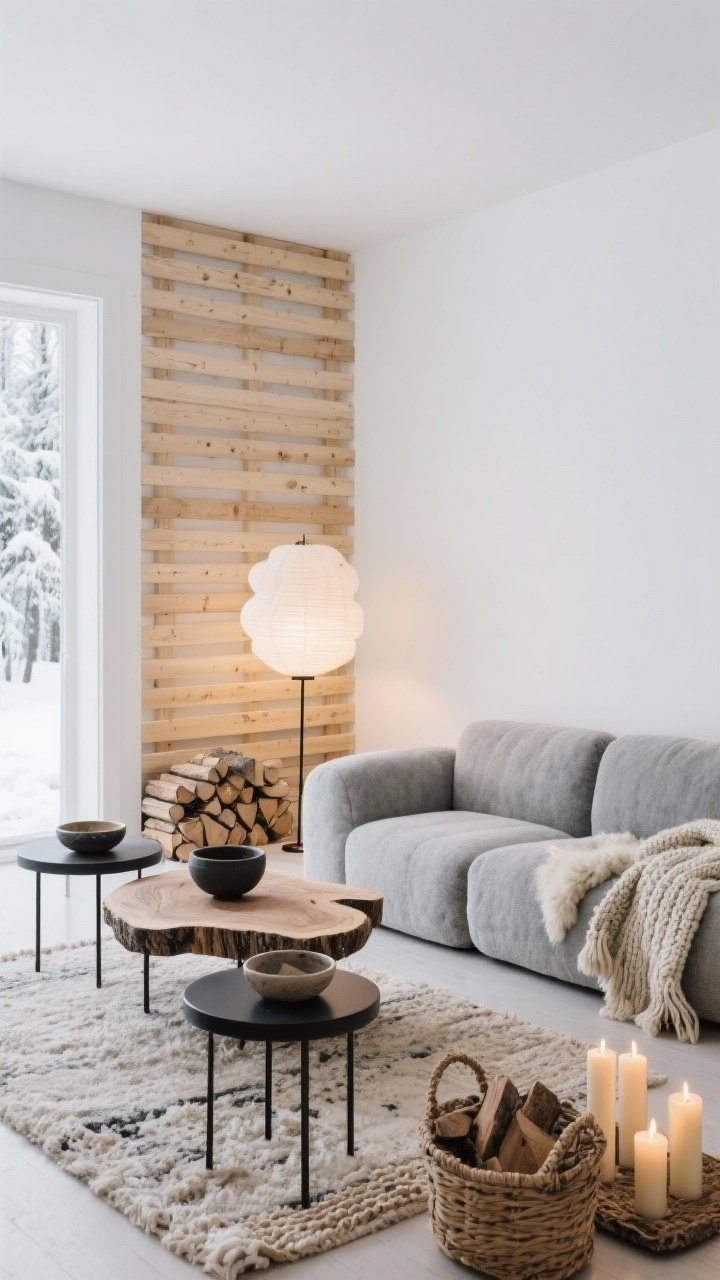 Corner-angle wide shot: Nordic Winter Retreat lounge with cool white walls and a blond pine slatted feature wall for texture. A low, cloud-like modular sofa in pebble gray anchors the space, paired with a live-edge wood coffee table and black metal nesting side tables for slight edge. Layer in coziness: a sheepskin throw, chunky knit blankets, woven jute-and-wool rug. Natural decor—ceramic bowls, stacked firewood in a basket, trio of tapered candles. Soft layered lighting: paper lanterns and a dimmable floor lamp, with candlelight accents. Palette: snow, charcoal, pine, flax. Photorealistic, no people.