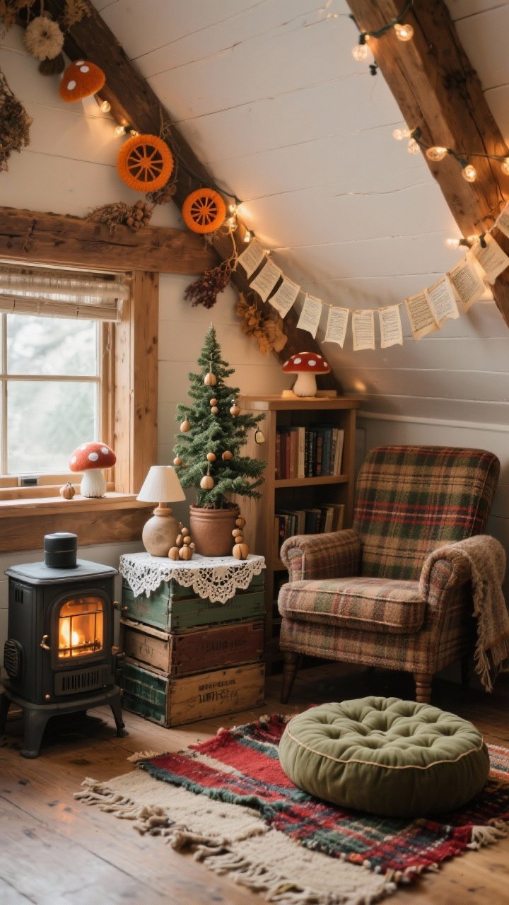 Cozy attic corner, medium-detail shot: sloped ceilings wrapped in string lights; wool plaid armchair beside a petite bookcase; low tufted floor cushion and layered rag rugs on the floor; handmade paper chain garland from old book pages draped along a beam, dried orange wheels and tiny felt mushrooms on the wooden windowsill; small potbelly-style electric stove glowing warmly; stacked vintage crates as a side table topped with a lace doily and ceramic lamp; miniature alpine tree in a crock with wooden beads and tiny bells; palette of cider brown, pine green, tartan red, and parchment; cabin-cozy mood, corner angle, photorealistic.