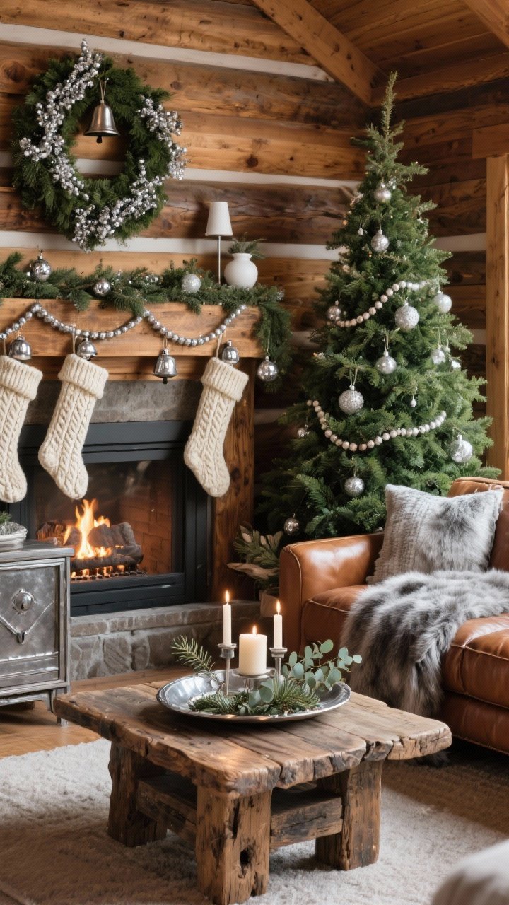 Cozy living room corner: Cabin Meets Silver Lodge, warm woods and hammered silver accents, caramel leather sofa, chunky reclaimed wood coffee table, smoke-gray faux fur throw, eucalyptus and silvery-berry wreath above the mantle, full green tree decorated with silver bells, wood bead garlands, white ceramic ornaments, mantle with cable-knit cream stockings clipped with tiny silver jingle bells, hammered nickel tray on sideboard holding pillar candles and pine sprigs, warm fireplace glow, photorealistic, no people.