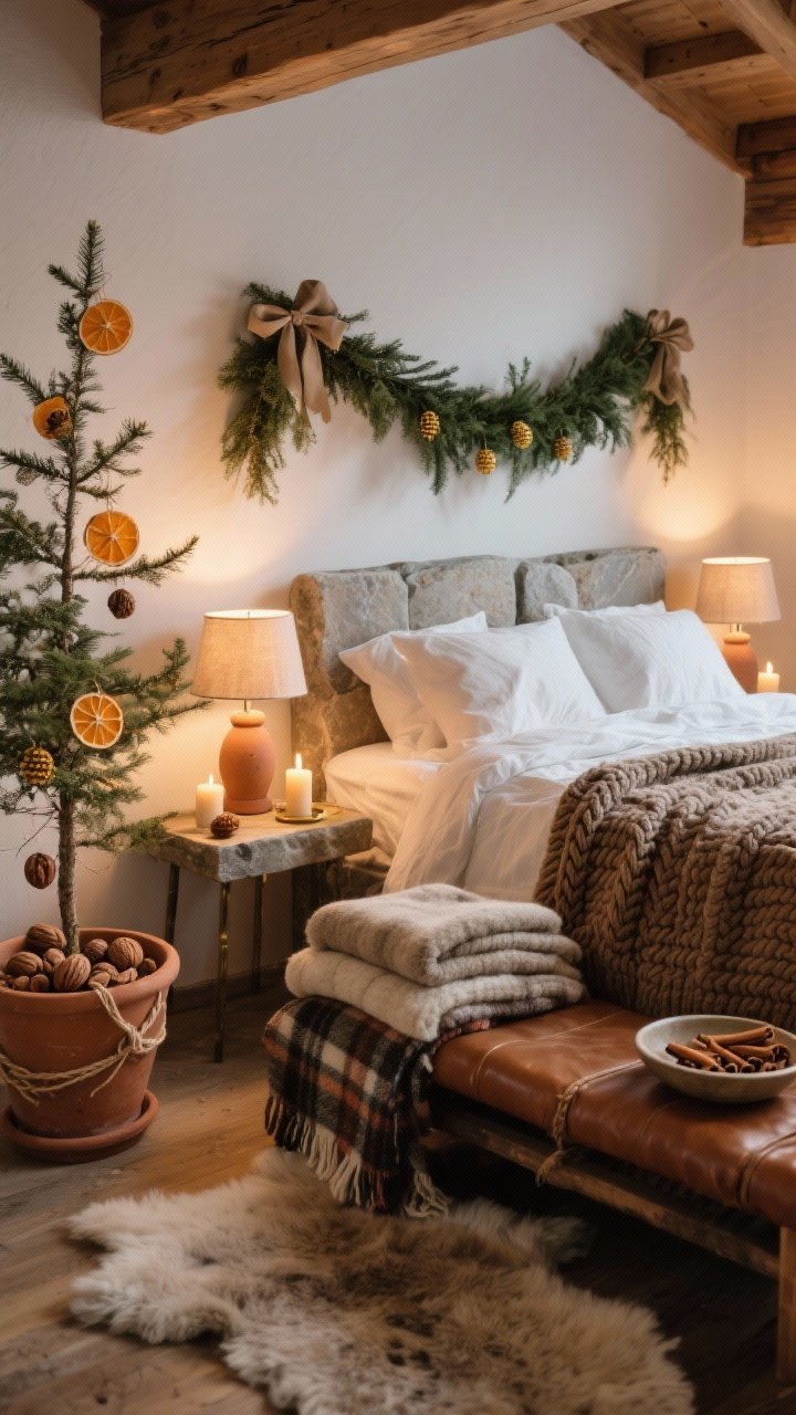 Cozy, medium shot of an alpine cabin bedroom corner: bed layered with linen sheets, flannel duvet, and a cable-knit throw; wool-and-leather bench at the foot stacked with extra blankets; sheepskin rug and plaid throw nearby; small tabletop tree in a terracotta pot decorated with dried orange slices, walnut shells, and twine bows; cedar garland draped over the headboard; beeswax candles glowing on nightstands with clay lamp bases and linen shades; ceramic dish of cinnamon sticks and cloves; palette of warm white, stone, tobacco leather, evergreen, brass; warm, intimate evening lighting.