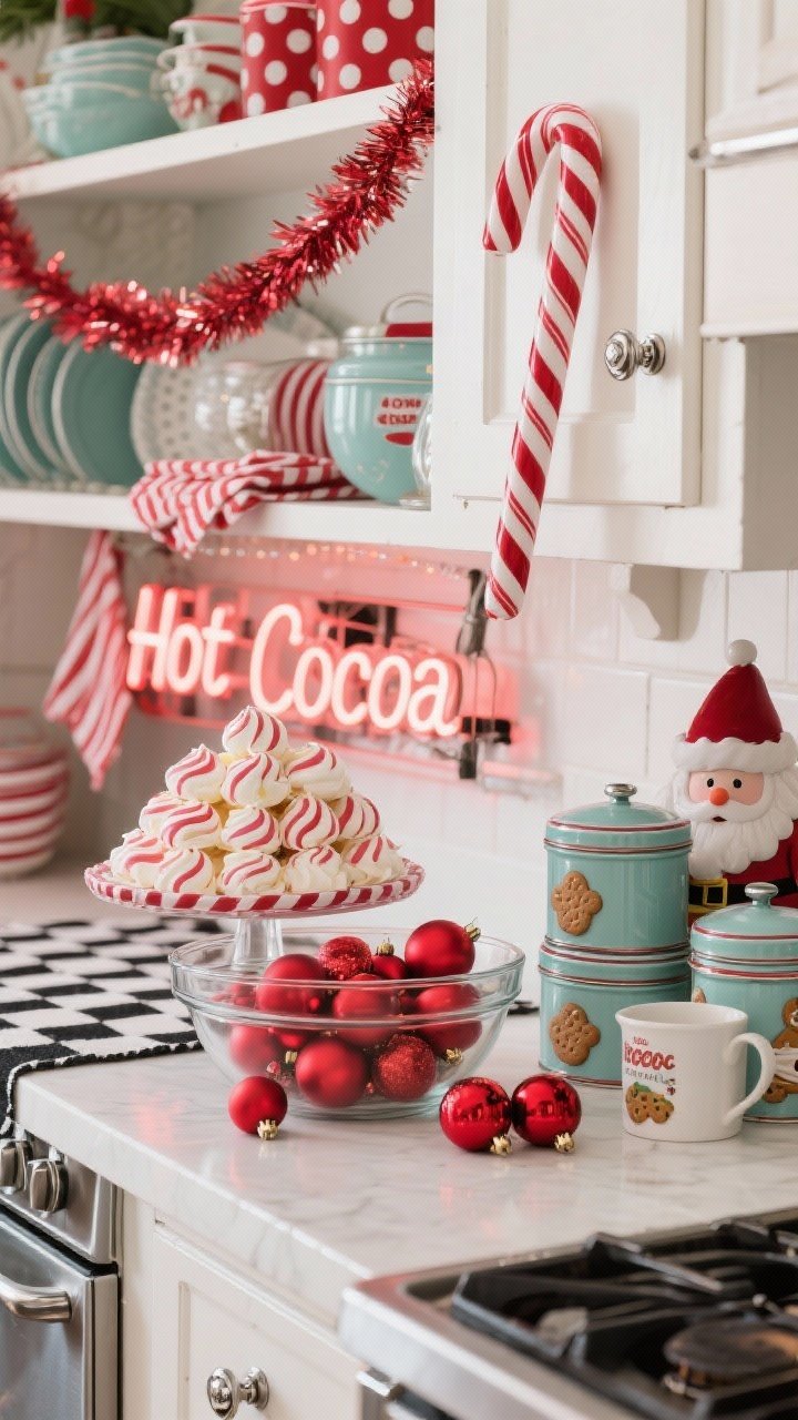 Detail closeup from a retro-inspired kitchen focusing on a red-and-white candy cane theme. Peppermint garlands strung across open shelves; a cake stand piled with striped meringues; glossy red ornaments scattered in a clear glass mixing bowl. Chrome hardware, enamelware pieces, and glass canisters visible. Textiles pop: polka-dot napkins and striped dish towels; a glimpse of a black-and-white runner suggesting a checkered vibe. Vintage Santa mugs and retro cookie tins stacked beside a playful neon “Hot Cocoa” sign softly glowing. Oversized candy canes hang from cabinet knobs in frame. Bright, punchy lighting, kitschy fun.