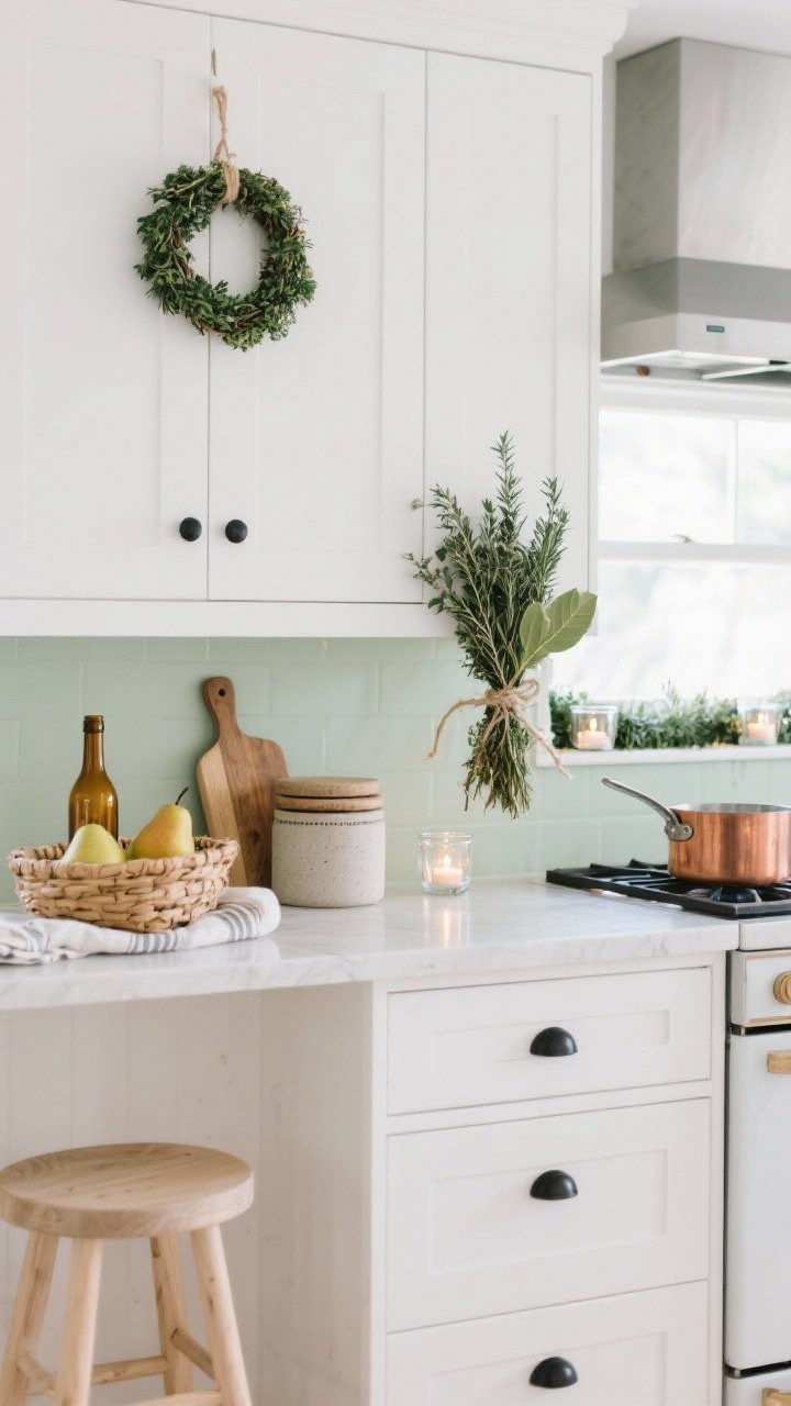 Detail closeup in a minimalist kitchen: matte white cabinet front with soft black hardware, tiny wreath on the range hood blurred in background; bundles of fresh rosemary, thyme, and bay tied to cabinet handles with twine; narrow garland along the window ledge with tea lights in clear jars catching reflections; stoneware canisters and stacked cutting boards, pale wood stools nearby; basket of pears on a linen runner at the counter edge; accents of amber glass bottles and a copper saucepan on the stove; palette of white, pale wood, sage, pear green; bright natural daylight, crisp and clean.