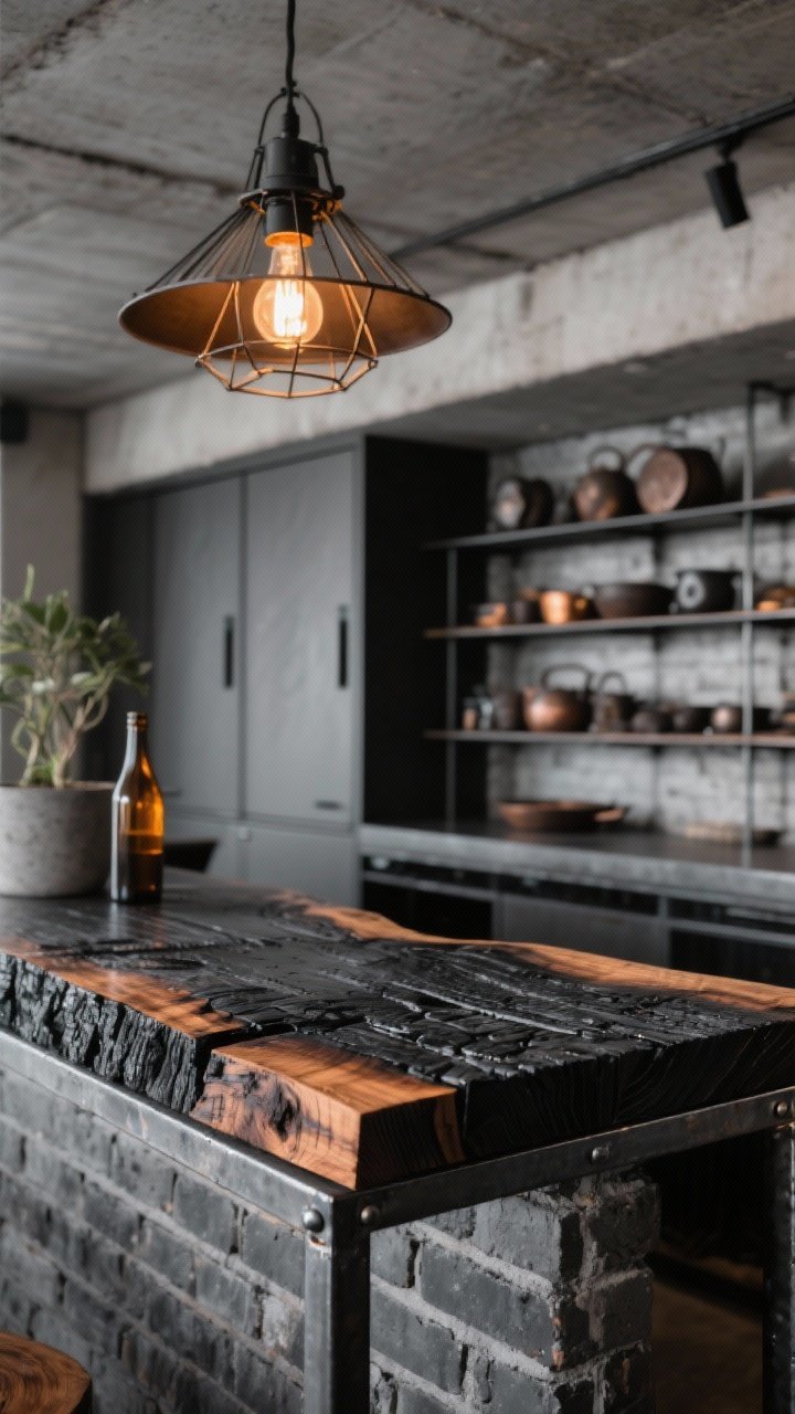 Detail closeup, industrial textures: shou sugi ban live edge bar top mounted on a welded steel frame—inky black char with glowing brown grain; background hints of matte graphite cabinets and sealed raw brick wall; edge of open hot-rolled steel shelving stacked with cast-iron cookware; industrial cage pendant with warm filament bulb creating dramatic highlights; concrete ceiling overhead; accents of concrete planters and amber glass bottle bokeh; palette of graphite, charcoal, rust, steel; gritty, architectural mood; photorealistic macro focus on charred wood and steel junction.