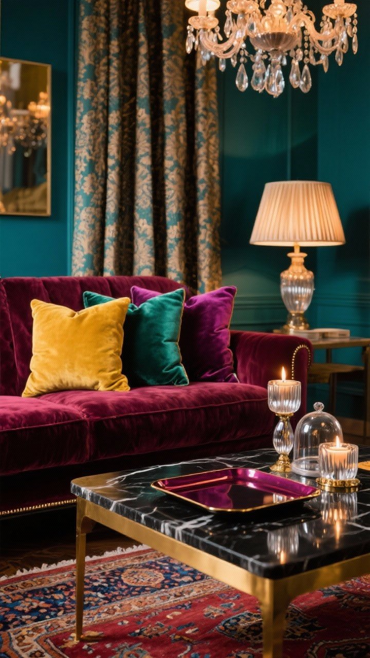 Detail closeup, Velvet Winter Maximalist: A dramatic, richly colored vignette against deep teal walls. Closeup of a merlot velvet sofa edge piled with jewel-tone pillows in saffron, emerald, and plum; the texture of velvet and silk is clearly visible. In front, the corner of a black marble coffee table with brass edging reflects candlelight; mercury glass votives shimmer beside a lacquered tray and a small glass cloche. In the blurred background, patterned drapes with subtle damask and a hint of a Persian-style rug in garnet and indigo. Warm, glamorous lighting from a statement chandelier and a table lamp with a pleated silk shade. Photorealistic, shallow depth of field.
