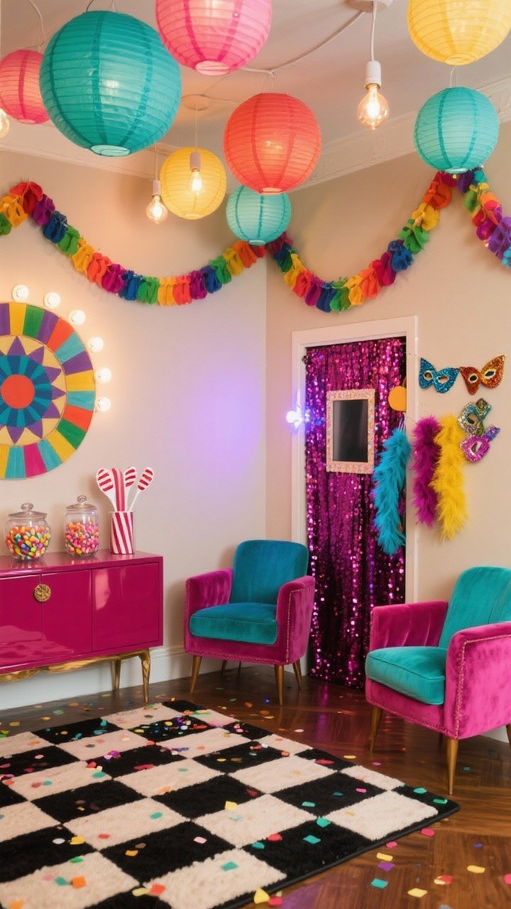 Detail/medium combo from corner angle: Carnival Color Carousel scene with neutral walls, rainbow-hued mask garlands and jewel-tone paper lanterns overhead, a bold harlequin-check rug anchoring the floor. A lacquered console hosts a candy-and-confetti station with glass apothecary jars and striped scoops. Velvet accent chairs in fuchsia and teal flank a small DIY photo booth: sequin backdrop, feather boas, and glittery handheld masks ready for snaps. Photorealistic, color-changing bulbs and lanterns illuminate glossy lacquer and sequin sparkle.
