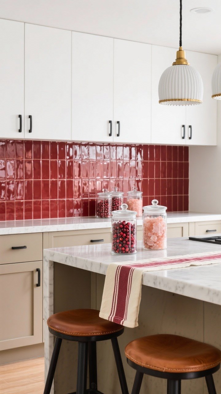 Detail/medium shot of contemporary kitchen backsplash: focus on glossy burgundy ceramic tile backsplash in a skinny stacked pattern reflecting light; soft taupe lower cabinets and warm white uppers; white quartz countertop; matte black hardware; trio of clear glass canisters filled with cranberries, red lentils, and pink Himalayan salt echoing the palette; two small fluted pendant lights over the island with brass details; striped tea towels in cream and burgundy, and a slim runner with wine and beige stripes visible; stools with black metal bases and cognac leather seats pulled to the island; bright, modern mood; photorealistic, straight-on crop emphasizing tile sheen.