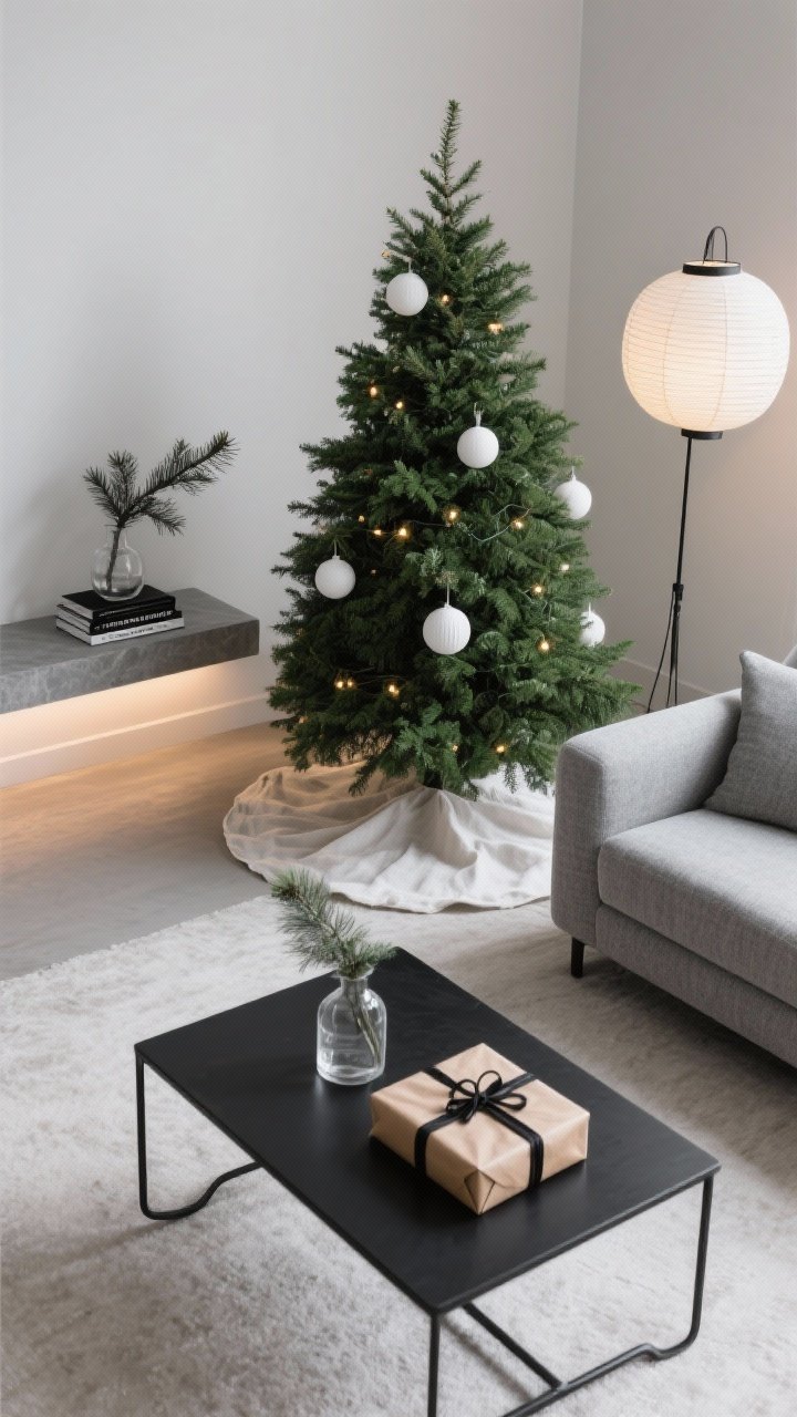 Detail overhead shot: A minimalist monochrome evergreen coffee table and tree base scene. A natural green tree with only warm lights and a few matte white ornaments stands over a simple linen tree skirt. Nearby, neatly wrapped gifts in kraft paper with black twine sit on a black metal coffee table beside a stone gray, low modern sofa. On a shelf edge, a single pine branch in a glass vase and a small stack of black-and-white books add sculptural calm. Lighting includes a paper lantern floor lamp’s soft glow and discreet under-shelf LEDs. Palette: evergreen, white, stone gray, black.