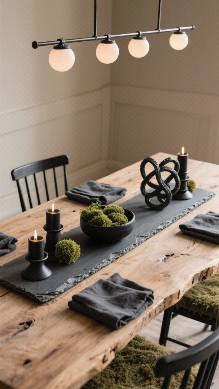 Detail shot at table height of a Modern Rustic Monochrome centerpiece: long slate slab used as a runner on a live-edge ash table. On the slab, matte black ceramic candleholders with soft candlelight, low moss bowls with rich texture, and a sculptural iron knot. Surroundings hinted: black spindle chairs for contrast, walls in warm greige. Lighting from a linear iron fixture with opal globes creating gentle, even illumination. Textiles nearby: charcoal linen napkins, nubby wool seat cushions. Palette of charcoal, olive, warm taupe, matte black. Tactile, modern, photorealistic.