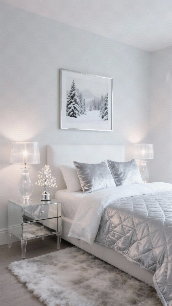 Medium bedroom scene: Dreamy Silver Bedroom Sanctuary, whites, dusty grays, pearly silvers, bed dressed in crisp white linens, quilted silver coverlet, smoke velvet shams, soft rug underfoot, lucite or mirrored nightstand adding subtle shine, frosted glass lamps with dimmable bulbs casting a dreamy glow, small silver tabletop tree with tiny white lights, wall art of black-and-white snowy landscapes in thin chrome frames, serene snow-globe mood, photorealistic, no people.