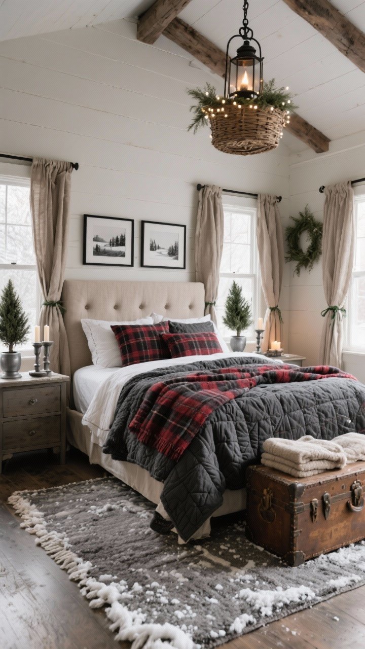 Medium bedroom shot, angled from the foot of the bed: A cozy farmhouse bedroom layered like a cabin—quilt-stacked bed with flannel sheets and a chunky wool throw in charcoal and cranberry plaid, upholstered linen headboard. Pewter candlesticks and small cedar topiaries on nightstands, vintage trunk at the foot of the bed holding extra blankets. Taupe linen curtains with simple greenery ties at the windows, hand-loomed wool rug in snow-flecked gray. Black-and-white winter landscapes in thin black frames on the wall. Overhead, a wrought-iron lantern fixture; warm white fairy lights tucked in a woven basket by a dresser for a soft, whispery glow. Palette: charcoal, cranberry, taupe, warm ivory. Photorealistic, no people.