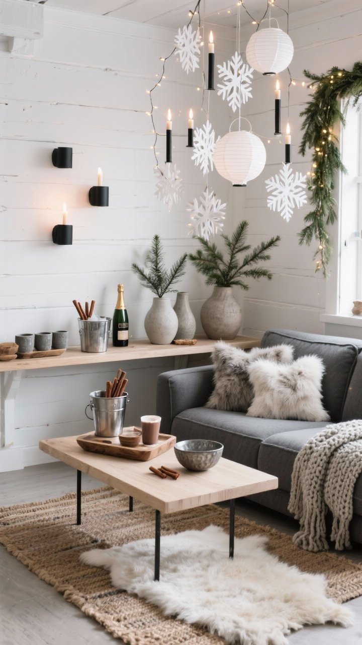 Medium corner view, photorealistic: A Nordic après-ski chalet lounge with soft white walls, a pale oak coffee table, and a deep stone-gray sectional draped in chunky knit throws and faux fur pillows. Layered rugs (jute base with a sheepskin runner) underfoot. A cluster of paper snowflake lanterns hangs at varied heights, with taper candles in matte black holders and string lights tucked into pine greenery casting a warm, flickering glow. Ceramic vases with pine branches, wood trays, and hammered pewter bowls style a narrow console hosting a hot cocoa and champagne bar with stoneware mugs, cinnamon sticks, and an ice bucket. Calm, cozy, quietly celebratory.