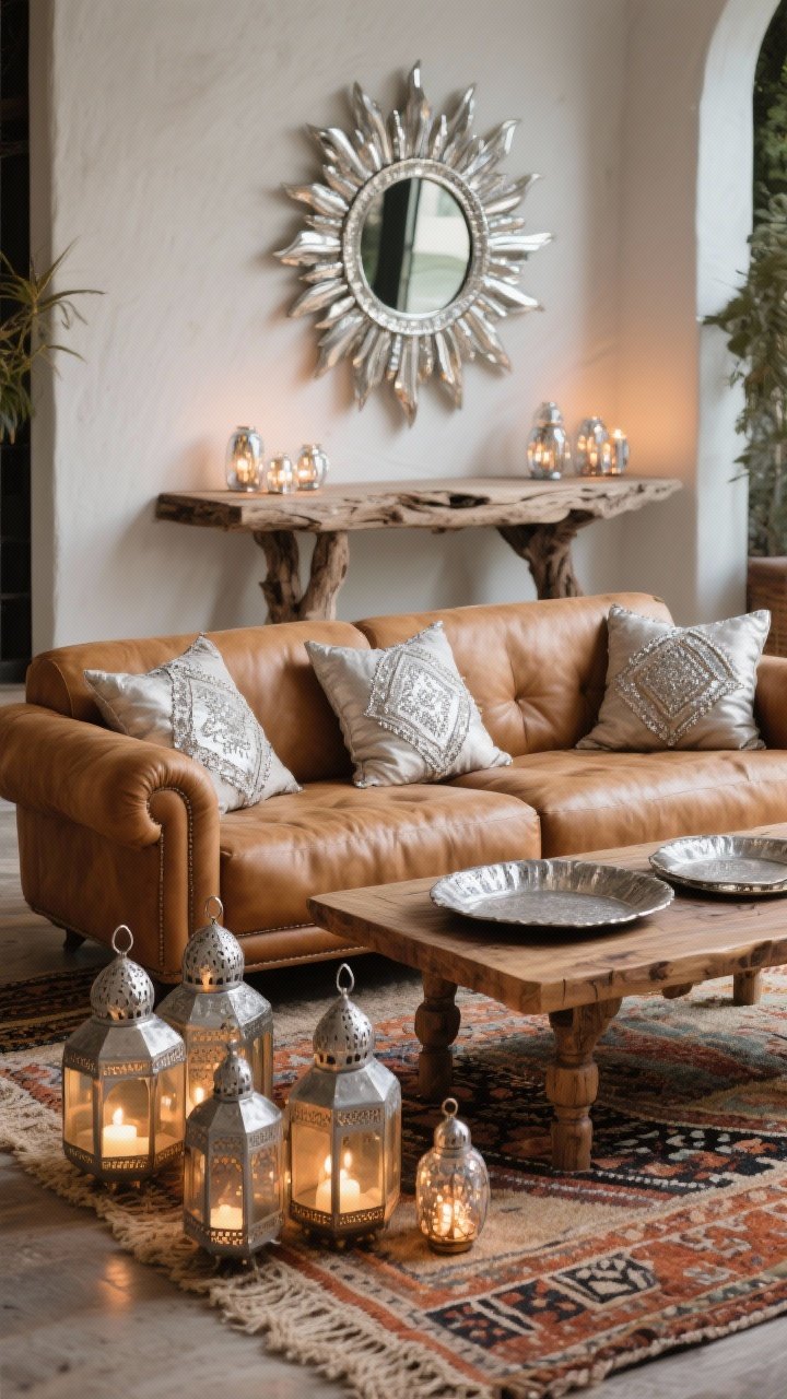 Medium detail shot, Boho Luxe lounge coffee table and seating area: camel leather sofa with embroidered cushions featuring metallic silver thread; layered rugs—jute base with a patterned kilim on top; low mango wood coffee table styled with hammered silver trays; cluster of Moroccan-style silver lanterns in varying sizes on the floor beside the table; drifted wood console in background topped with a large silver sunburst mirror; scattered mercury glass votives glint softly; cream, camel, terracotta, aged silver palette; cozy evening ambient glow, photorealistic.