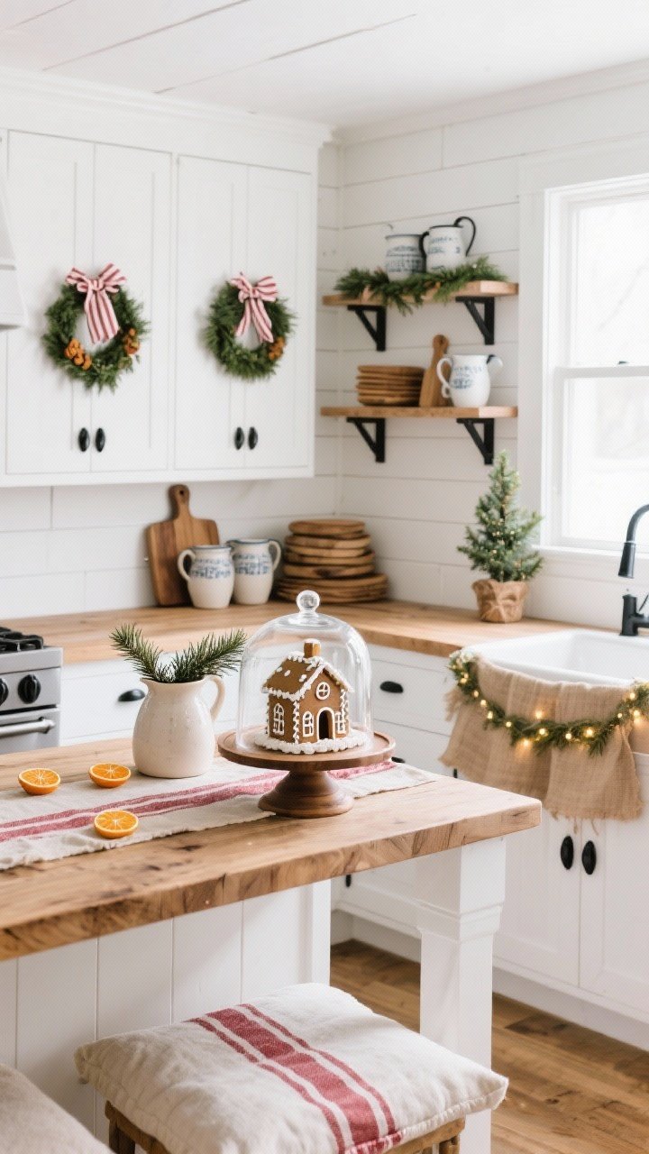Medium kitchen shot from a corner angle: A whitewashed farmhouse kitchen with white shiplap walls, matte black hardware, butcher block counters, and mini wreaths tied to cabinet doors with striped ticking ribbon. On the island, a wooden cake stand under a glass cloche displays gingerbread houses; a ceramic pitcher with cedar clippings sits beside it. Color story of linen white, warm wood, black accents, and soft greenery. Open shelves styled with ironstone pitchers, stacked cutting boards, and a garland of dried orange slices. Grain-sack runner, red-and-cream striped tea towels, cozy seat cushions, and a small potted tree near the sink wrapped in burlap with twinkle lights. Bright, airy daylight; photorealistic, no people.
