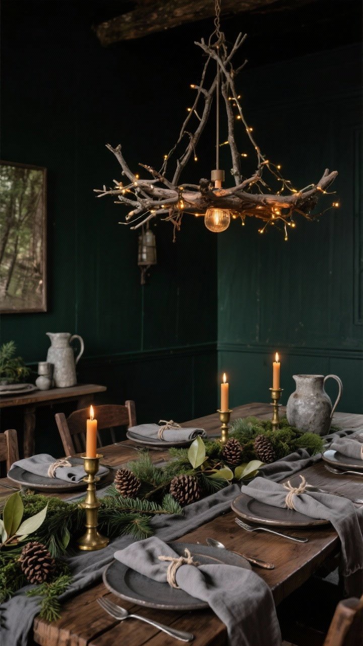 Medium, moody angle of a woodland dining room: deep charcoal or inky green walls, heavy reclaimed-wood dining table set with stoneware plates and mushroom-gray linen runner; linen napkins tied with cotton twine; lush cedar, juniper, and magnolia leaf runner spilling over edges with pinecones; beeswax tapers in antique brass holders casting candlelight amber; overhead, a foraged branch chandelier wrapped in warm fairy lights; accents of stone pitchers and vintage silverware; palette of charcoal, espresso wood, moss, brass; dramatic low-light atmosphere.