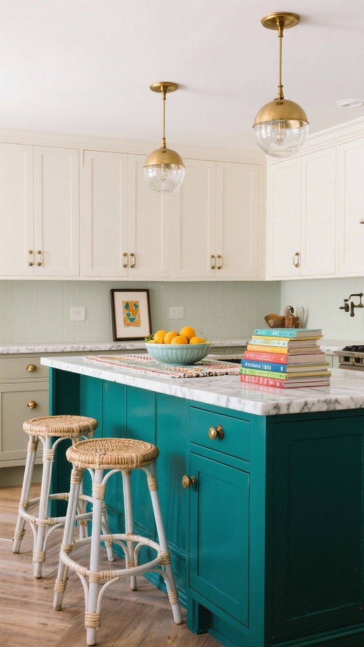 Medium shot, bold color pop: kitchen island painted deep peacock green (or cobalt) with white-veined marble countertop; classic shaker fronts; aged brass hardware and brass pendant globes overhead; acrylic or cane bar stools to lighten the look; styled with a footed bowl of citrus, colorful cookbooks stacked, and a small art print propped against the splash zone; vintage-inspired runner with hints of the island color; surrounding cabinetry in warm white or soft greige. Vibrant yet balanced, photorealistic.