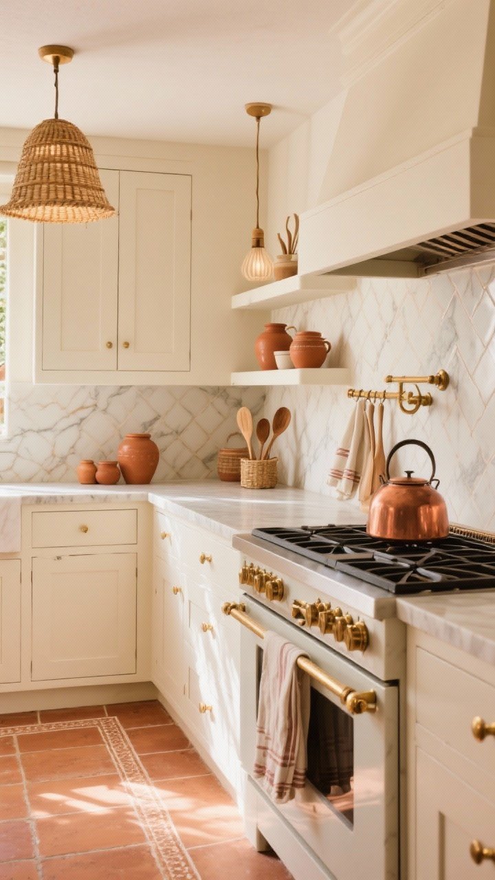 Medium shot capturing terracotta warmth: creamy off-white cabinets with warm brass accents, handmade cream tile backsplash with subtle variation, calacatta-look quartz counters with gentle warm veining; terracotta tile floor (or a terracotta-hued runner if floor is neutral) leading to the range; woven reed pendants or a fluted ceramic fixture casting a soft glow; open shelves displaying terracotta jars, wooden spoons, and linen napkins; a copper pot rail by the range; sun-drenched Mediterranean vibe, photorealistic, no people.
