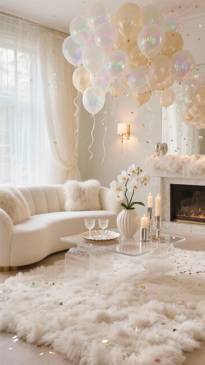 Medium shot, Champagne Cloud Living Room: an airy, luminous space in champagne and pearl tones with sheer drapes filtering soft light; a cream curved sofa topped with faux-fur pillows sits opposite a lucite coffee table; clusters of translucent balloons with ribbon tails float overhead; iridescent confetti sprinkled along a mantel; a mother-of-pearl tray with coupe glasses and a fluted ceramic vase holding white orchids; candles in mercury glass and dimmable sconces create a warm glow; shag rug underfoot like a cloud; photorealistic, soft-focus highlights.
