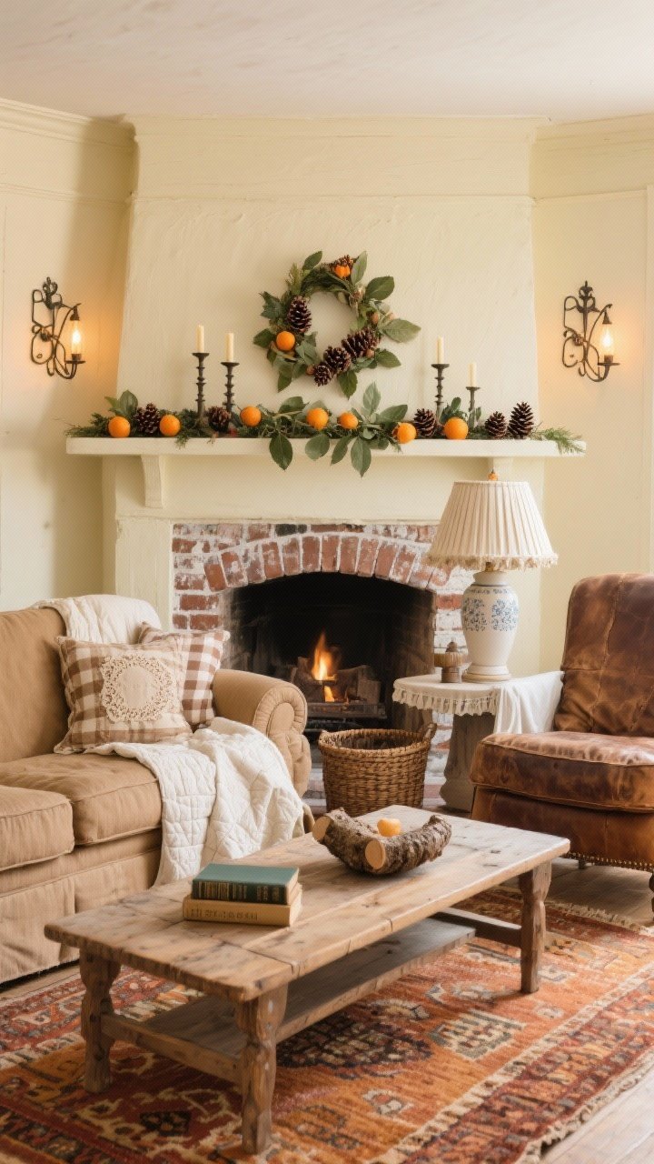 Medium shot, Cottage Hearth & Honey: A cozy fireplace wall with buttercream paint and a brick (lightly painted) mantel adorned with pinecones, vintage candlesticks, and a garland of dried oranges and bay leaves. A rolled-arm sofa in soft camel twill layered with checked and needlepoint cushions faces a scrubbed pine coffee table on a rust-and-honey kilim rug. Flanking are mismatched armchairs—one white slipcovered, one worn leather. A ceramic lamp with a pleated shade sits on a skirted side table; a woven log basket nearby. A folded quilt drapes over the sofa arm; a small stack of classic novels on the table. Iron wall sconces glow warmly. Photorealistic, inviting, straight-on view.