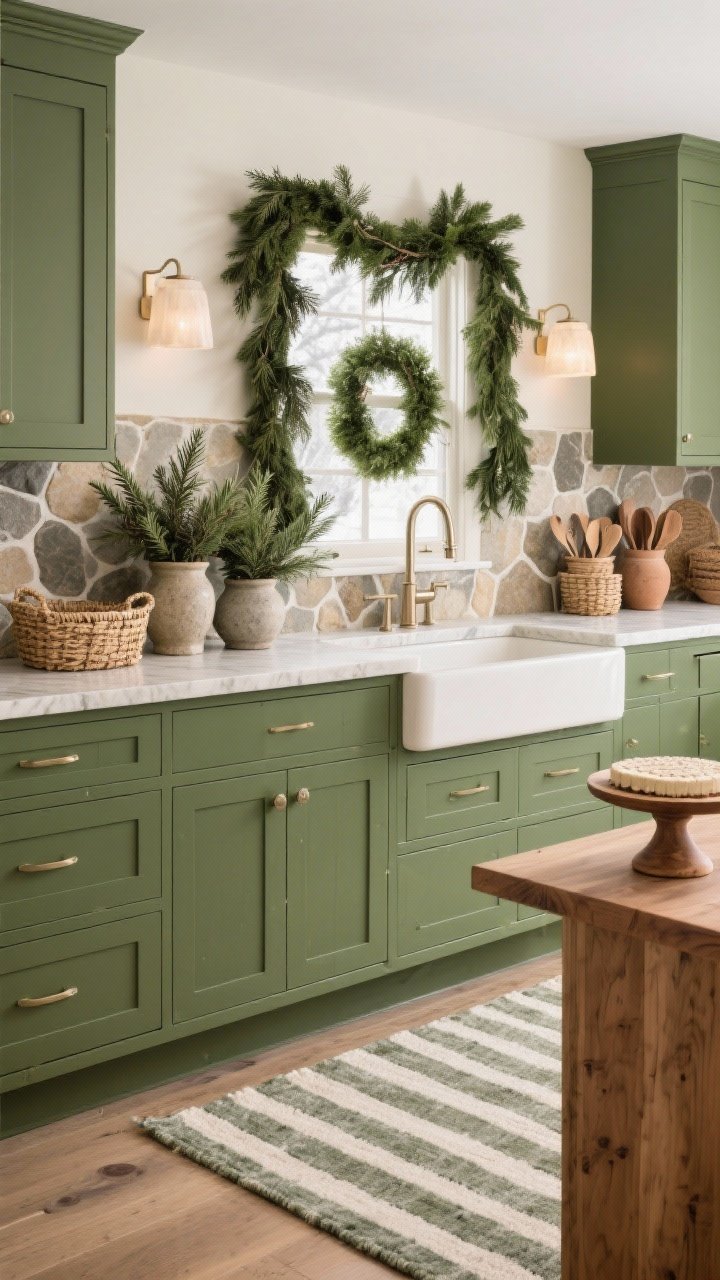 Medium shot, Evergreen Botanicals & Stone island focus: moss-green island/cabinets paired with cream quartzite counters and a tumbled stone backsplash; evergreen clippings in stoneware pitchers, thick cedar garland draped over the window, live rosemary topiary by the sink; accents of woven seagrass baskets, wood cake stand, clay utensil crock; palette of moss, cream, sand, toasted wood; opaque alabaster sconces emitting a soft glow; striped wool rug grounding the scene; fresh, earthy winter mood, photorealistic.