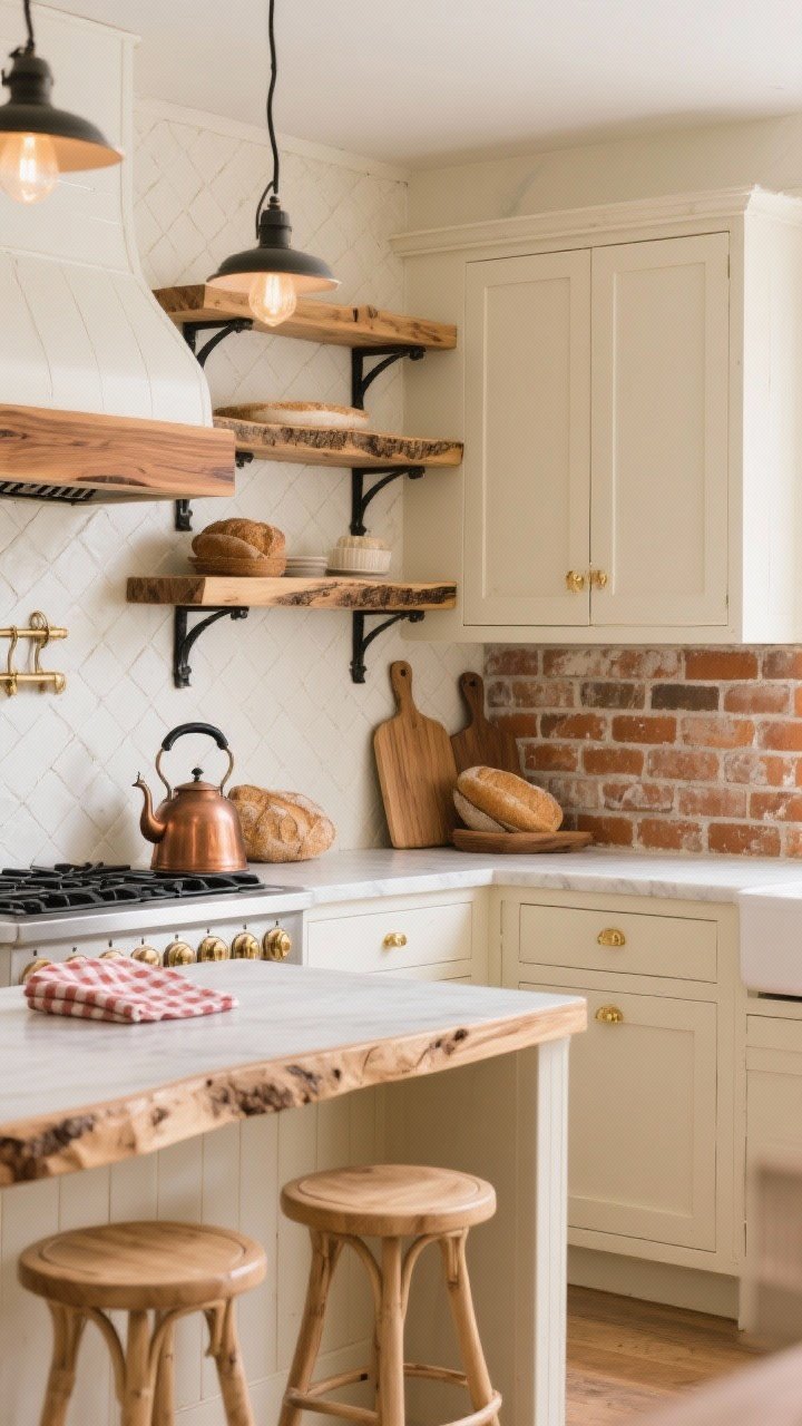 Medium shot focused on a farmhouse coffee/baking zone: cream shaker cabinets; reclaimed brick backsplash in gentle herringbone; suite of live edge elm shelves wrapping the built-in niche; island edge with a live edge overhang supported by black iron brackets, three stools nearby; soft white plaster range hood with a warm wood band; bentwood counter stools in light oak; vintage breadboards, copper kettle, gingham napkins; palette of cream, honey elm, terracotta, iron black; golden, cozy lighting; corner angle, photorealistic.