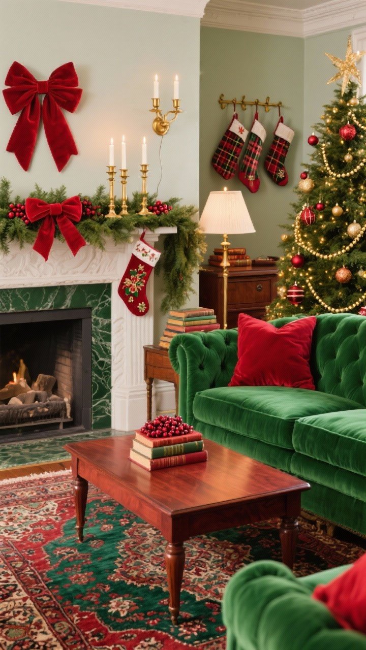 Medium shot from a corner angle: A classic red and green heritage living room anchored by a rich green velvet sofa and a cherry-wood coffee table over a Persian-style rug with cranberry and emerald hints. The mantel is draped in evergreen garland tucked with red velvet ribbons, cranberries, and brass candlesticks. A Christmas tree nearby sparkles with gold bead garlands, plaid ornaments, and a generous red velvet bow topper. A stack of vintage Christmas books sits on a sideboard; embroidered stockings hang from brass hooks. Candle-style tree lights and a classic shaded floor lamp provide warm illumination. Palette: emerald, cranberry, gold, walnut.