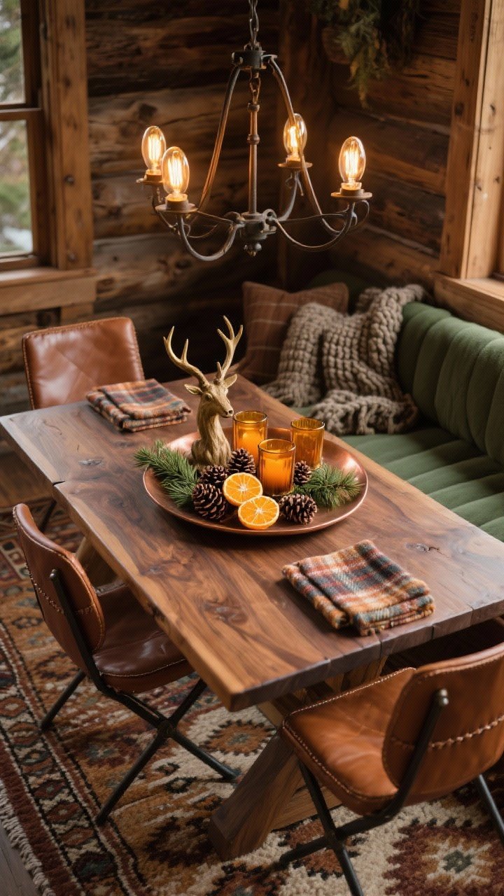 Medium shot from a corner angle of a Cozy Chalet dining area: solid walnut chunky-profile dining table with leather sling chairs in saddle brown. Centerpiece on a shallow copper tray layered with pinecones, dried orange slices, cedar sprigs, three amber glass votives flickering warmly, and a miniature antler sculpture. Color palette visible in scene: caramel, espresso, forest green, hints of brass. Flat-weave kilim rug in earthy tones beneath table, wrought-iron chandelier with warm Edison bulbs above, wool plaid napkins on the table, chunky knit throw over a corner bench. Woodsy yet refined, photorealistic.