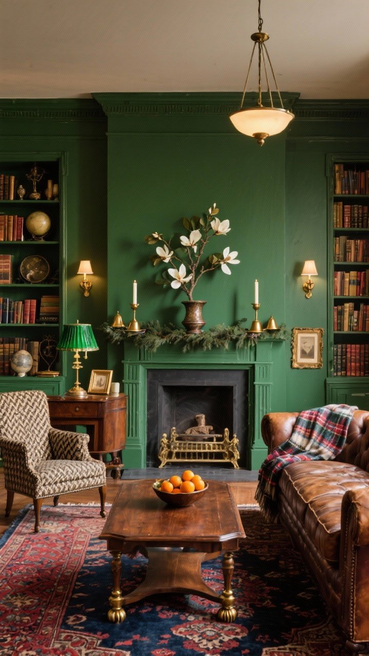 Medium shot, Heritage Library Holiday: A clubby sitting room with bottle green walls and built-in bookcases filled with hardcovers and curios. A worn saddle leather Chesterfield sofa faces a mahogany coffee table with brass casters on a navy-and-cranberry Persian rug; a pair of herringbone wingback chairs flank the scene. The mantel is dressed with magnolia leaves, brass bells, and taper candles; a small tabletop tree in an antique urn sits on a sideboard, with a bowl of clementines nearby. Plaid wool throws drape over an arm; brass picture frames and a vintage globe hint at history. Warm lighting from a green glass banker’s lamp, shaded sconces, and a dimmable chandelier. Photorealistic, straight-on composition.