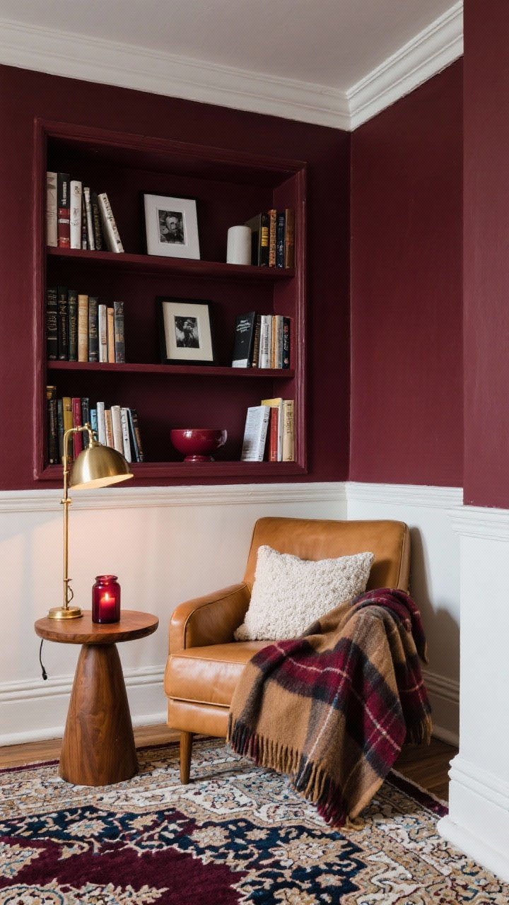 Medium shot, moody library nook: small cocooning reading corner with deep matte burgundy painted shelves and backs, crisp off-white trim for contrast; camel leather club chair; petite round walnut side table holding a scented candle in a tinted burgundy glass jar; brass pharmacy lamp casting a warm pooled light; shelves filled with hardcovers, a few framed black-and-white photos, and a small burgundy ceramic bowl; plaid wool throw (camel, burgundy, charcoal) draped over the chair and a nubby off-white pillow; Persian-style rug with wine, navy, and cream threadwork; intimate, layered townhouse vibe; corner angle.