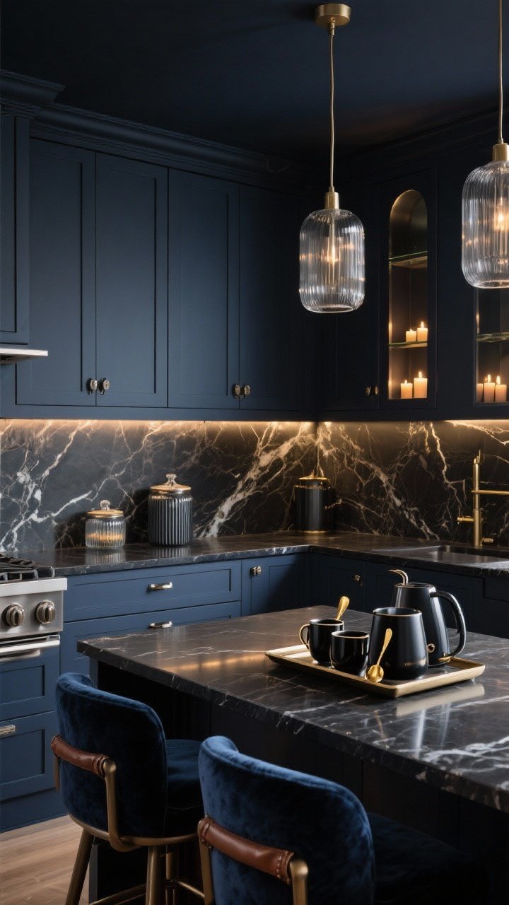 Medium shot, Moody Midnight Luxe kitchen corner: ink-blue/charcoal cabinetry with gunmetal hardware, black marble-look quartz counters; smoked-glass pendants and under-cabinet LEDs creating layered glow; mirror-backed shelf reflecting candlelight; statement veined stone slab backsplash as focal point; velvet bar stools, ribbed glass canisters, leather-wrapped handles; luxe tea station on a tray with black ceramic mugs, gold teaspoons, sleek electric kettle; color story of navy, charcoal, matte black, warm gold; moody, sophisticated, photorealistic.