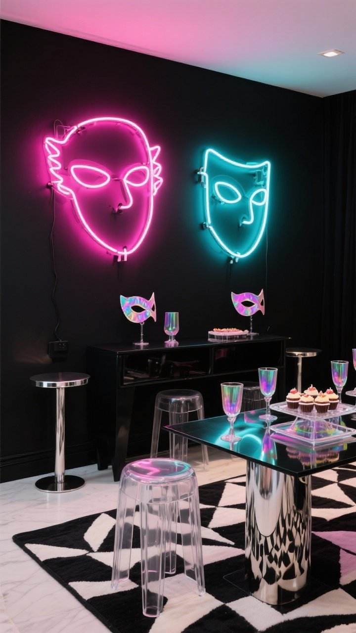 Medium shot: Neon Noir Masque feature wall—matte black backdrop with neon LED signs in electric pink and cyan and light-up mask outlines mounted like art. Clear acrylic stools, a gloss-black console, and chrome side tables sit on a black-and-white geometric rug grounding the glow. Iridescent glassware and acrylic trays of masked cupcakes create a graphic, glossy tablescape. Photorealistic, angled perspective, LED light spill, acrylic and chrome reflections.