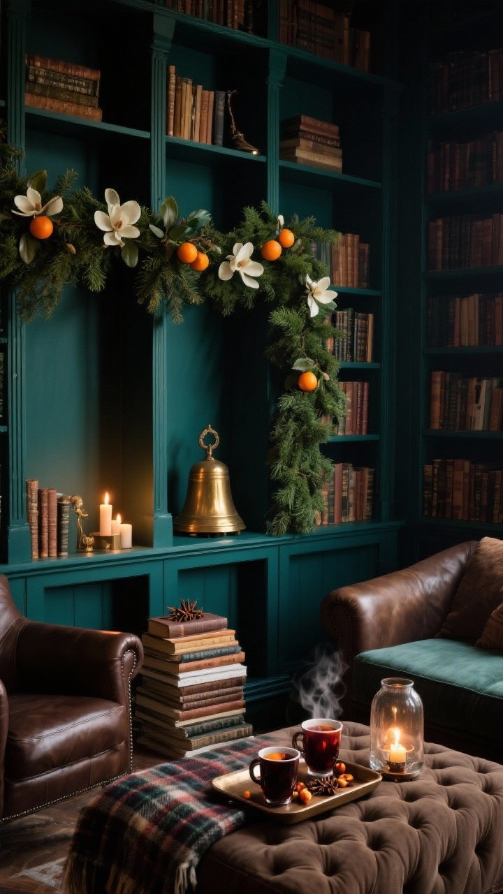 Medium shot of a moody library lounge, angled across built-in shelves: deep teal walls, dark wood bookcases draped with a thick juniper garland accented by boxwood, magnolia leaves for sheen, and antique brass bells. Leather club chairs in espresso brown, a tufted ottoman with a plaid wool throw and a tray of steaming mulled wine mugs. Book stacks topped with clove-studded oranges, smoky glass hurricanes flickering. Color palette of teal, fern green, burnished brass, and rich browns. Low, moody candlelight, cocoon-like atmosphere, photorealistic.
