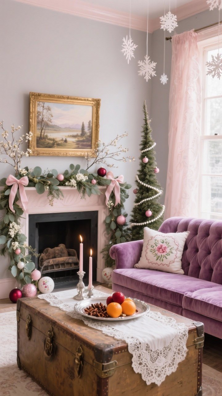 Medium shot of a romantic Sugar Plum Parlour mantle and seating: tufted velvet mauve settee against dusty blush/soft greige walls; gilded landscape leaning on the mantle behind a garland of eucalyptus, baby’s breath, and seeded branches; slim pencil tree nearby with pearl garlands, silk ribbon bows, and hand-painted baubles in blush, burgundy, and ivory; antique trunk coffee table topped with a silver tray of clove-studded oranges and cranberry candles; lace-edged linens and a floral needlepoint pillow visible; delicate paper snowflakes hanging in the window; soft, airy, Victorian whimsy with warm, gentle ambient light, corner perspective.