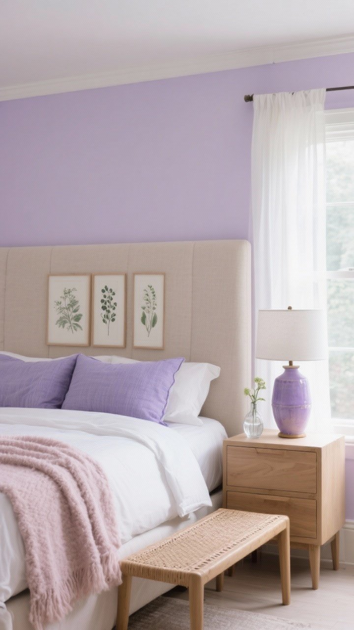 Medium shot, serene bedroom: milky lilac walls with a tall upholstered headboard in oatmeal linen; bed dressed in crisp white percale sheets, lavender chambray duvet, and a blush mohair throw at the foot; sheer ivory drapes filtering daylight; pale oak nightstands with ceramic lamps in a soft violet glaze; a woven bench tucked under the window; lavender linen euro shams, botanical prints, and clear glass bud vases on the nightstand; photorealistic, straight-on view capturing cloud-soft layers and airy calm.