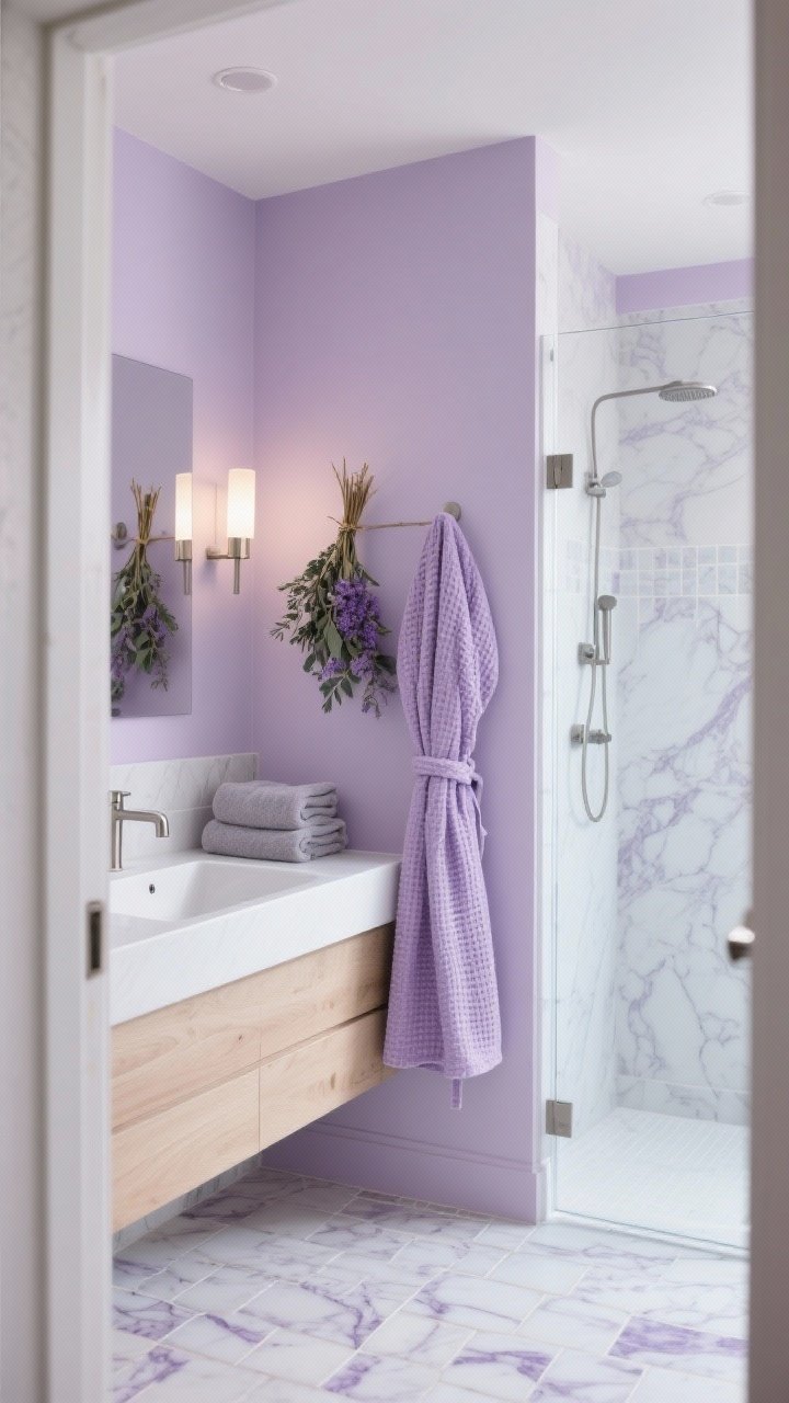 Medium shot, spa-like bathroom corner: pale lavender walls with a white oak vanity and matte white countertop; brushed nickel hardware and dimmable sconces casting soft, steamy light; marble mosaic floor showing faint violet veining; frameless glass shower enclosure keeping the space airy; a lilac waffle robe on a hook; lavender eucalyptus bundles and plush mist gray towels neatly folded; cool, clean, ethereal ambiance; photorealistic, angled perspective from the doorway.