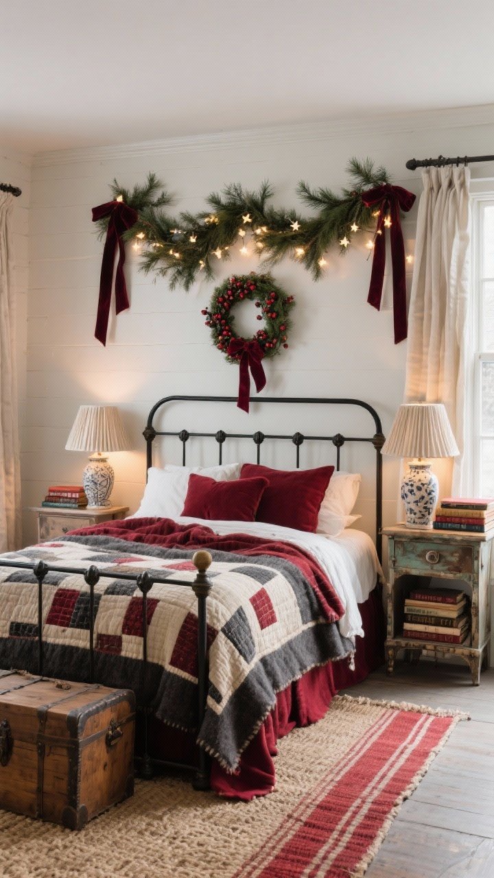 Medium shot, Storybook Bedroom headboard wall: black metal bed layered with a hand-stitched quilt, flannel sheets, and a heavyweight wool blanket; above, a pine bough swag draped with tiny star lights and trailing velvet ribbon tails; mismatched vintage nightstands each with ceramic lamps and pleated shades, stacks of winter reads; palette of cranberry, pine, cream, with hints of charcoal; handwoven jute rug layered with a red-striped runner at the foot of the bed; linen drapes on window with a berry-laden wreath hung centered on satin ribbon; a cedar trunk visible at foot; soft, whisper-quiet, warm bedside lighting, straight-on.