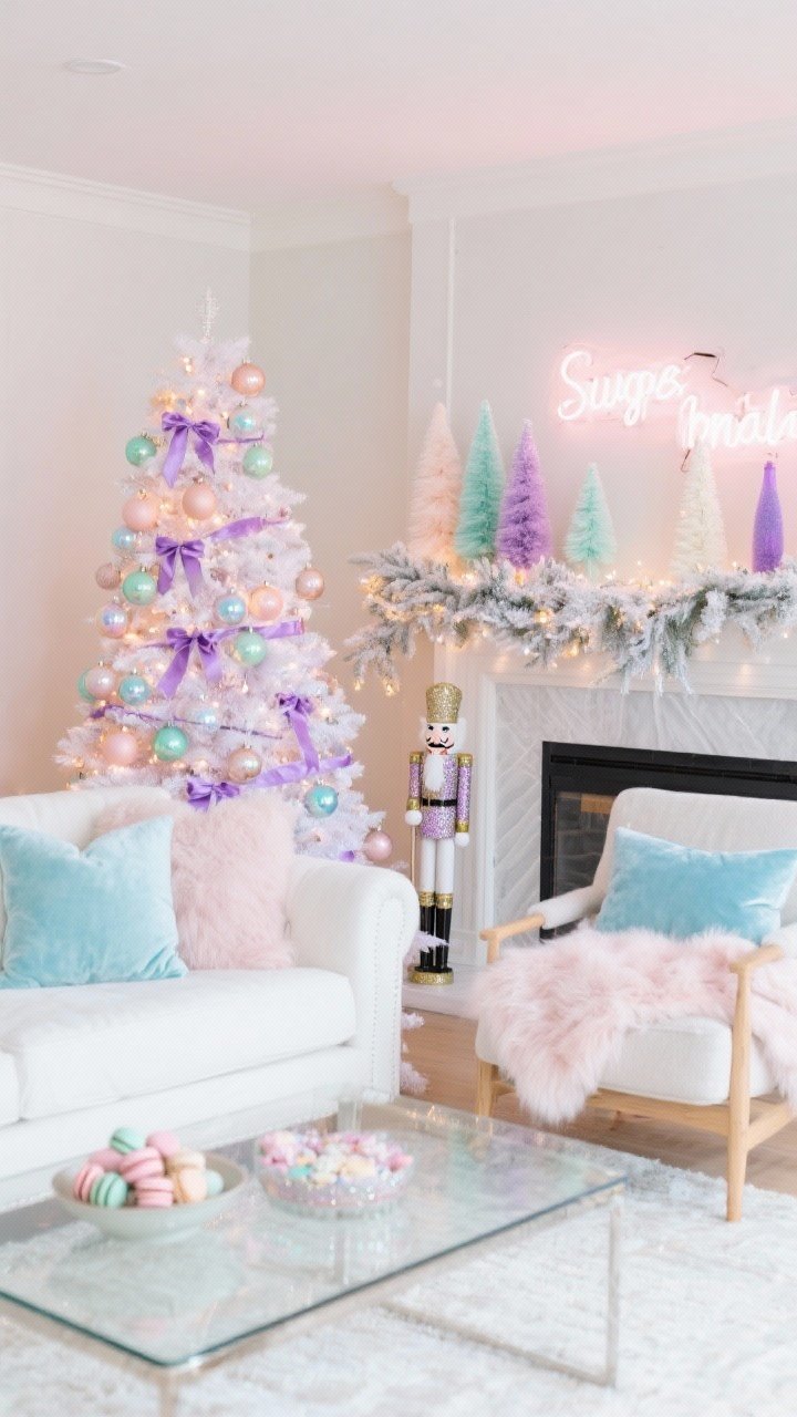 Medium shot, straight-on: A pastel sugarplum living room featuring a white/blush Christmas tree adorned with pastel glass ornaments, iridescent baubles, and velvet ribbons in lilac, mint, and peach; a frosted garland drapes over a console with pastel bottle-brush trees in varying heights. Furniture is light: white slipcovered sofa, acrylic coffee table, and a pale wood accent chair. Velvet pillows in ice blue and blush pair with a faux fur throw. Twinkle lights and a couple of neon-style holiday signs create a playful glow. Finishing details: a bowl of pastel macarons and a glittery nutcracker on the mantel. Palette: blush, lilac, mint, pearl.