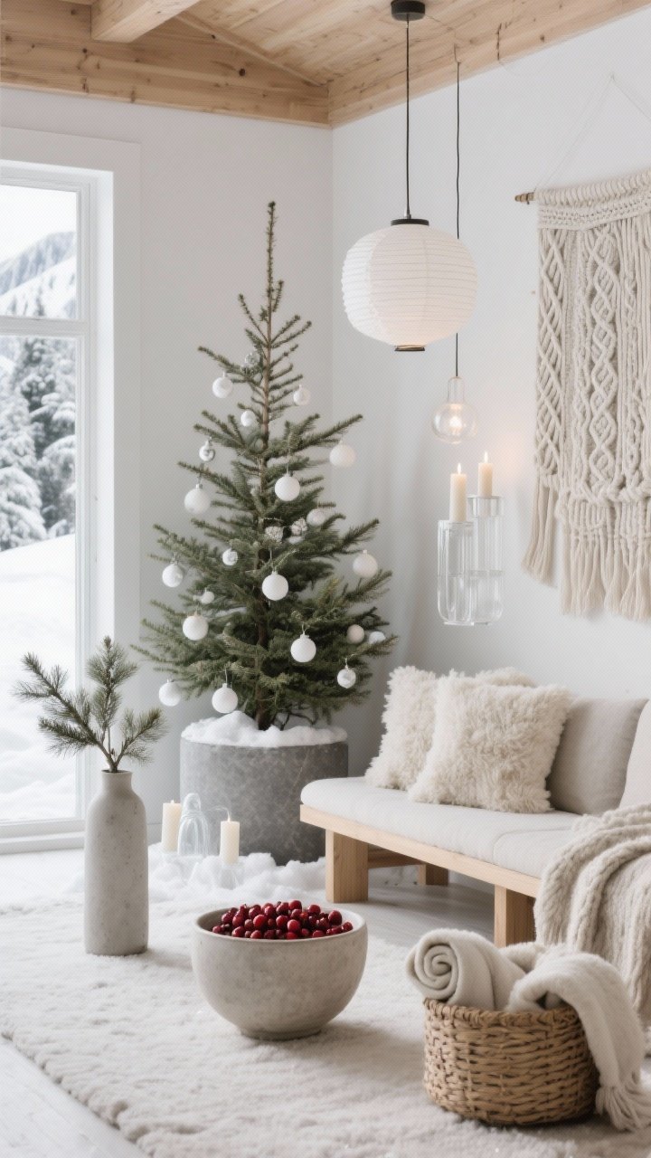Medium shot, sunroom/den corner: Alpine minimalism with a sculptural Nordic spruce in a matte stone planter, decorated only with white ornaments and clear glass baubles for a snowdrift effect; pale oak bench with shearling cushions and bouclé/wool/raw linen textures; serene surfaces including a low ceramic bowl of fresh cranberries, a single cedar branch in a narrow-neck vase, and a woven basket with rolled throws; palette bone, soft gray, snow white, natural wood; lighting from paper lantern pendants and flameless pillar candles in frosted glass hurricanes; include long knit wall hangings with subtle cable patterns instead of stockings; clean, quiet, high-end chalet mood; photorealistic, soft daylight.