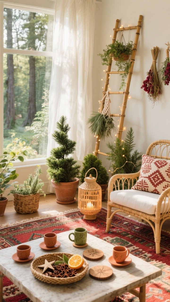 Medium, sun-drenched shot of a botanical boho sunroom: rattan lounge chairs with block-printed cushions, vintage kilim rug in earthy reds and olives; sheer ivory curtains filtering light; a forest corner of potted evergreens—Norfolk pine, rosemary topiary, mini cypress—threaded with delicate fairy lights; dried herb bundles hanging from a bamboo ladder; low table styled with wood coasters, handmade mugs, terracotta saucers as candle plates; wicker lanterns, macramé plant hangers; woven tray with citrus potpourri and star anise; palette of olive, terracotta, ivory, rattan honey, cranberry accents; soft, glowing natural light.