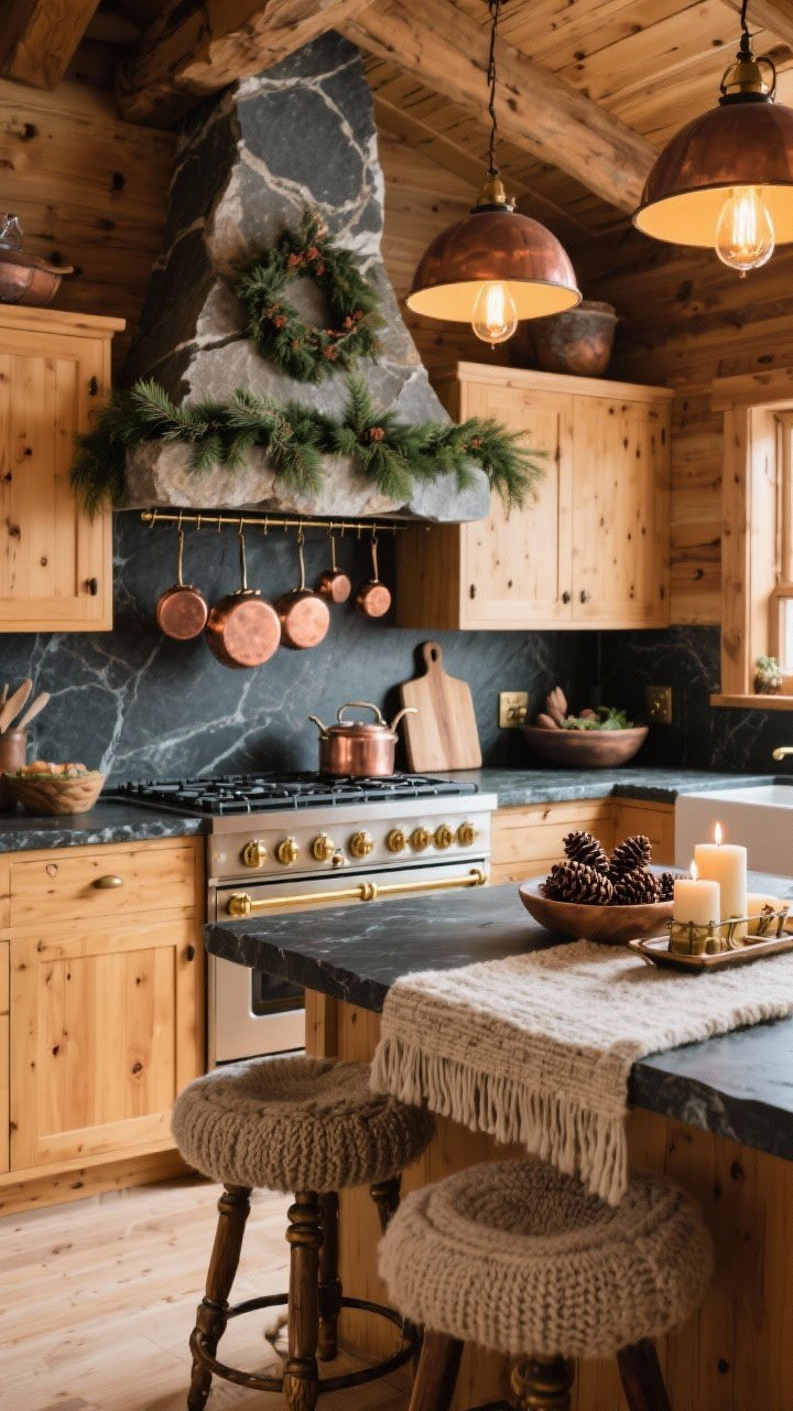 Medium-wide angle of an Alpine Chalet Warmth kitchen: honey-toned wood cabinets/paneling paired with dark soapstone counters, a textured wool runner by the sink; copper pot rack over the range with hanging pots, thick-knit seat cushions on bar stools, antique brass hardware catching warm light; dome pendants with warm bulbs overhead and a candle cluster on a tray; color story of caramel wood, charcoal, cream, deep forest green; natural accents including a bowl of pinecones, fir garland draped over the hood, and a stone cutting board; cozy lodge mood, photorealistic.