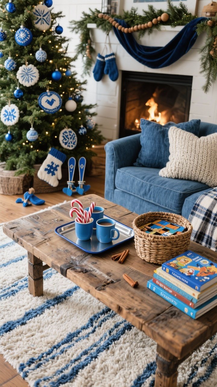 Overhead detail, Alpine Denim Family Room: An overhead view of a reclaimed wood coffee table on a thick wool rug with subtle blue stripes. On the table: an enamel tray with blue mugs, peppermint sticks, and cinnamon for hot cocoa; nearby a woven basket of board games and a stack of storybooks with blue spines. In the background blur, hints of a denim blue sectional with chunky knit pillows and plaid throws; warm-lit, full Christmas tree decorated with blue-and-white ornaments, hand-painted folk patterns, felt mittens, and tiny blue skis. Mantel glimpses show layered cedar and juniper garlands with navy velvet ribbon and wooden beads. Cozy, family-ready mood. Photorealistic.