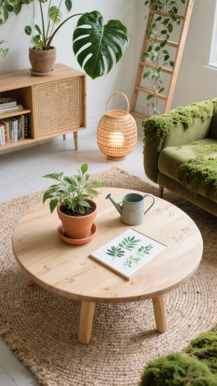 Overhead detail shot: Botanical Fresh Start coffee table vignette on a jute rug—round light oak wood coffee table styled with terracotta planters, a small watering can as decor, and botanical prints partially in frame. Include hints of surrounding elements at the edges: moss/olive sofa upholstery texture, woven cane-front storage, an airy ladder bookshelf. Layer rattan lantern glow and glimpses of trailing pothos above, with a fiddle leaf fig leaf crossing into the frame. Palette: sage, moss, oak, cream. Natural daylight, fresh and earthy, photorealistic.