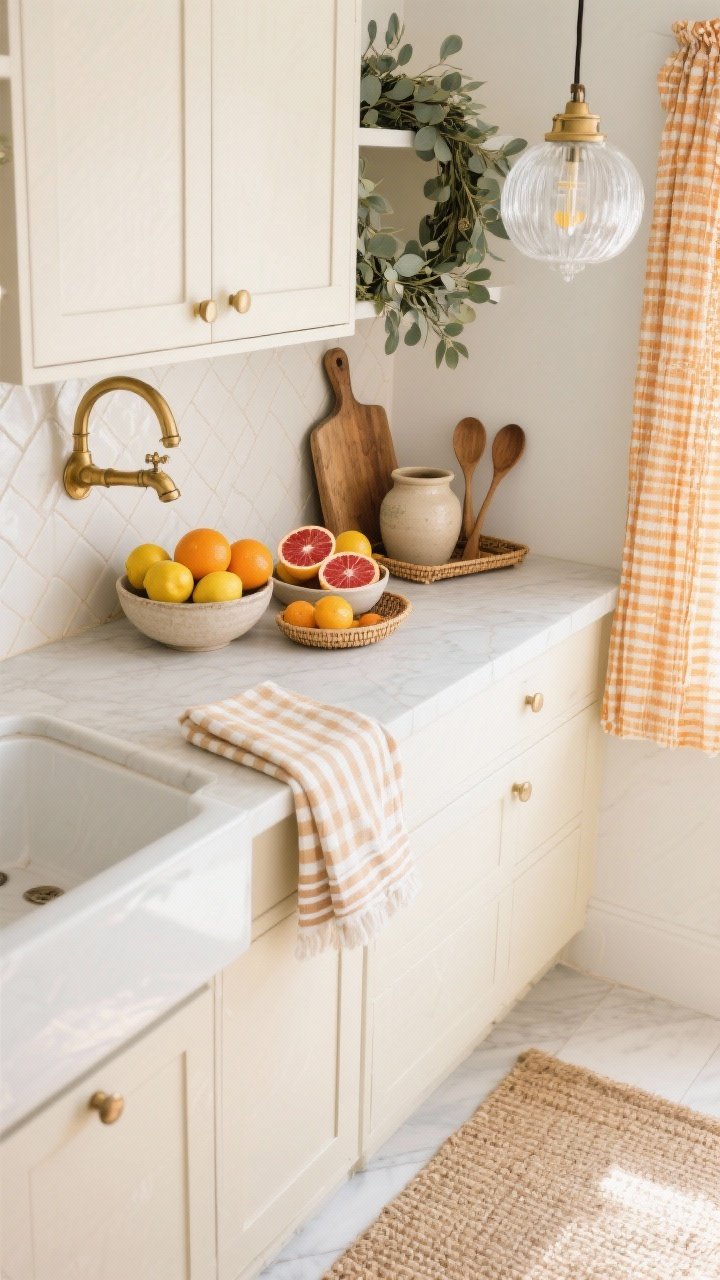 Overhead detail shot of a Winter Citrus & Cream Modern Farmhouse vignette: buttermilk cabinet edge and soft-beige zellige tile surface in frame, warm brass faucet glinting at the top edge; bowls brimming with lemons, oranges, and blood oranges for vibrant color; striped cream-and-ochre cafe curtain visible at the side, light eucalyptus garland draped across a nearby shelf; vintage cutting boards, pottery crock with wooden spoons, rattan tray; gingham napkins folded with a ticking-stripe runner beneath; clear glass lantern pendant sparkle reflected; grounded by a glimpse of natural jute rug; bright, fresh, photorealistic.